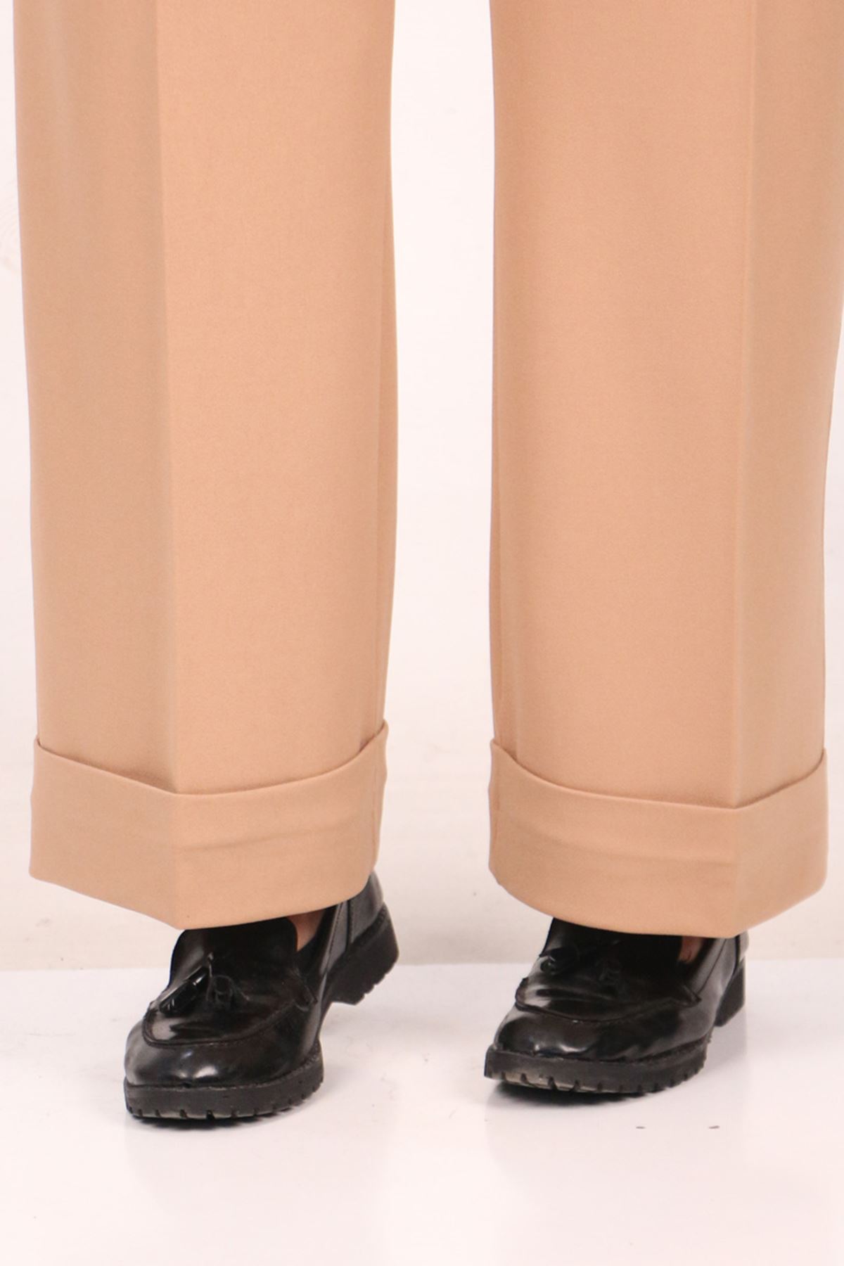 39043 Large Size Elastic Waist Double Leg Scuba Trousers-Mink