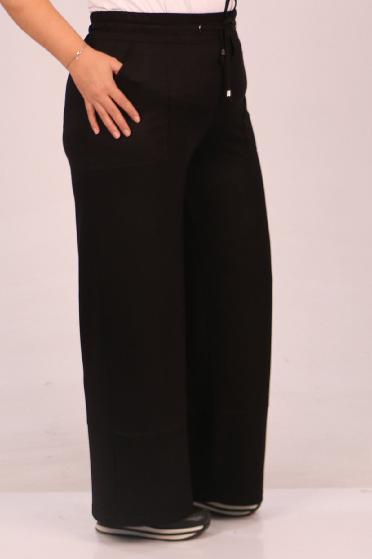 39038 Large Size Elastic Waist Crystal Two Thread Wide Leg Trousers-Black