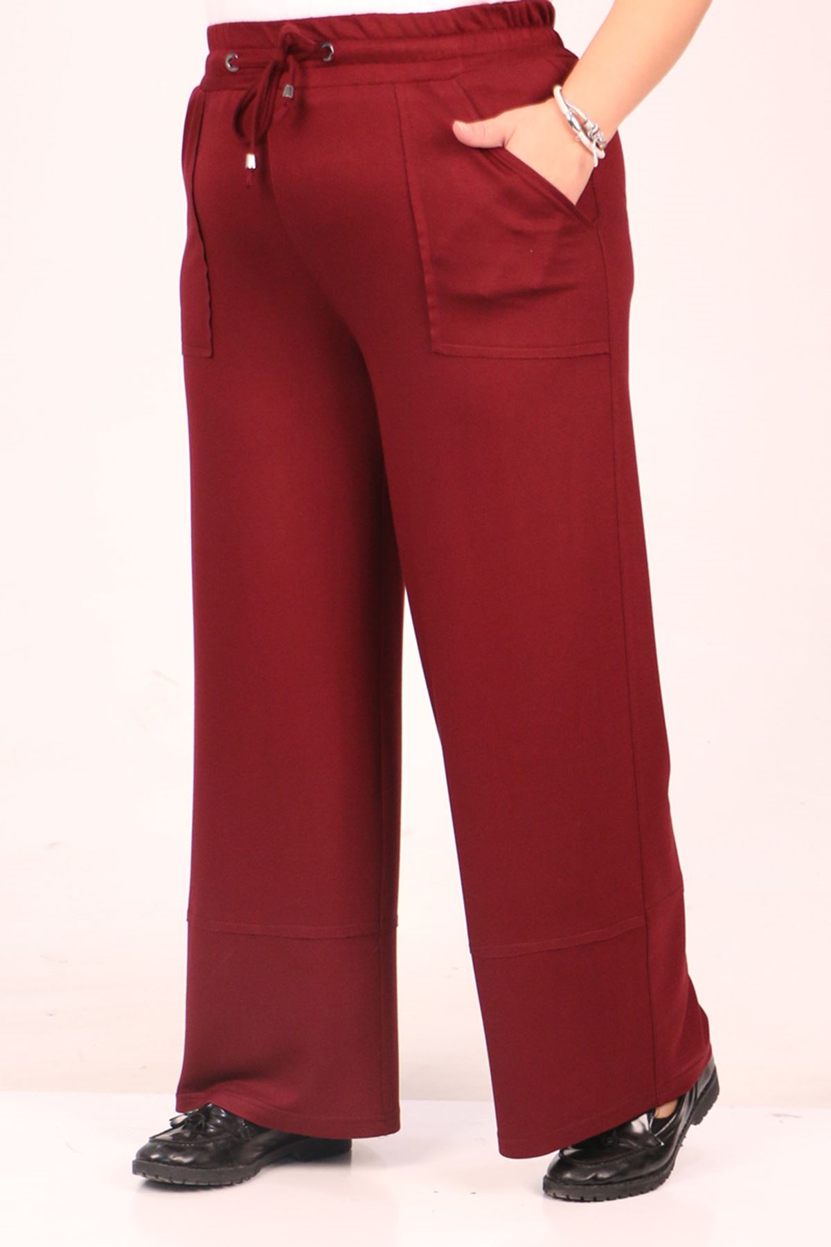 39038 Large Size Elastic Waist Crystal Two Thread Wide Leg Trousers-Burgundy