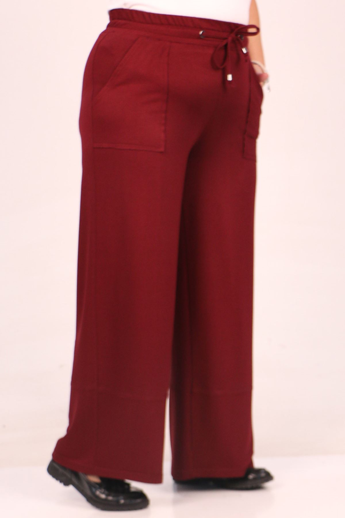 39038 Large Size Elastic Waist Crystal Two Thread Wide Leg Trousers-Burgundy