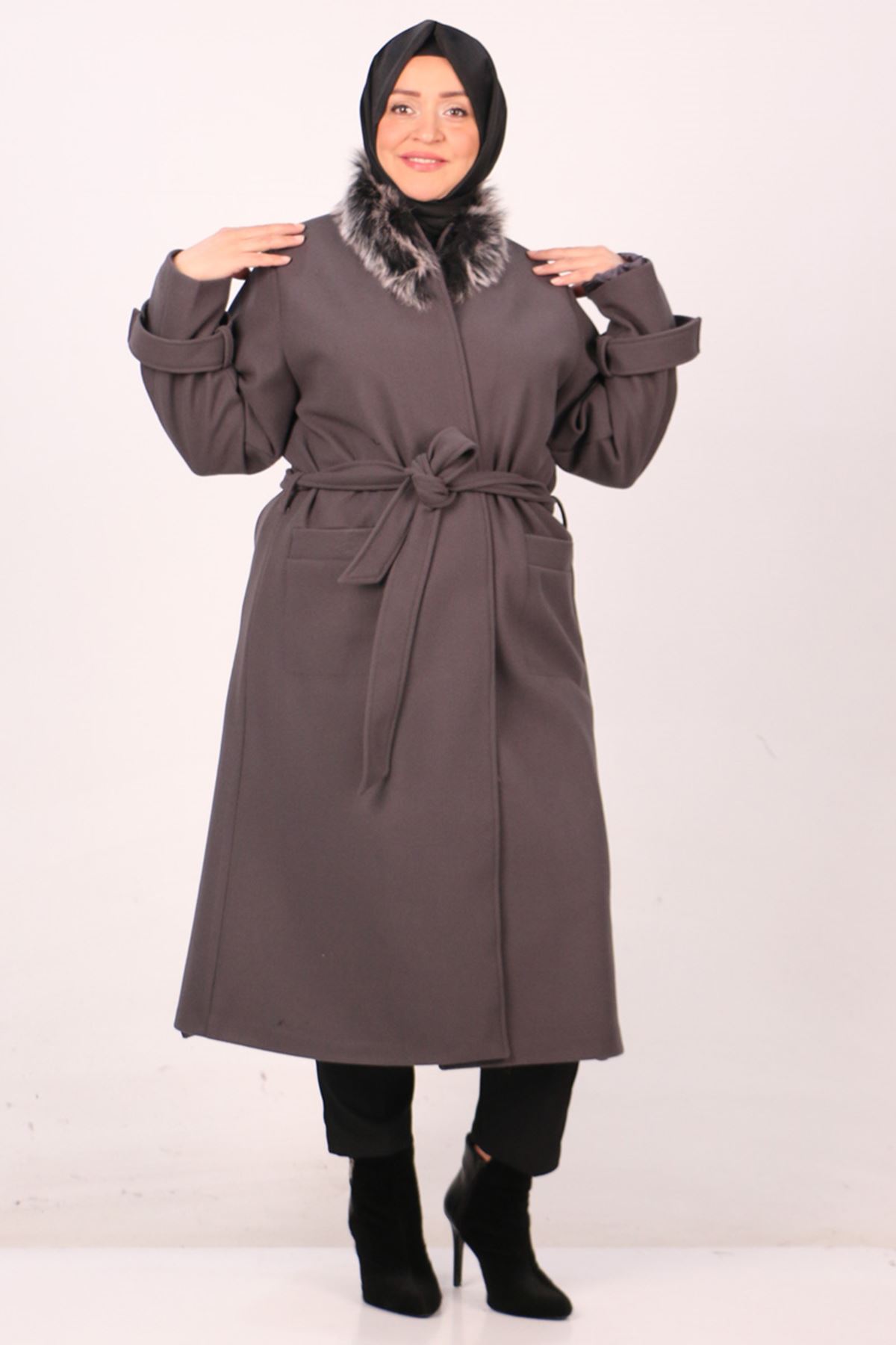 33062 Large Size Fur Collared Lined Cashew Coat-Grey