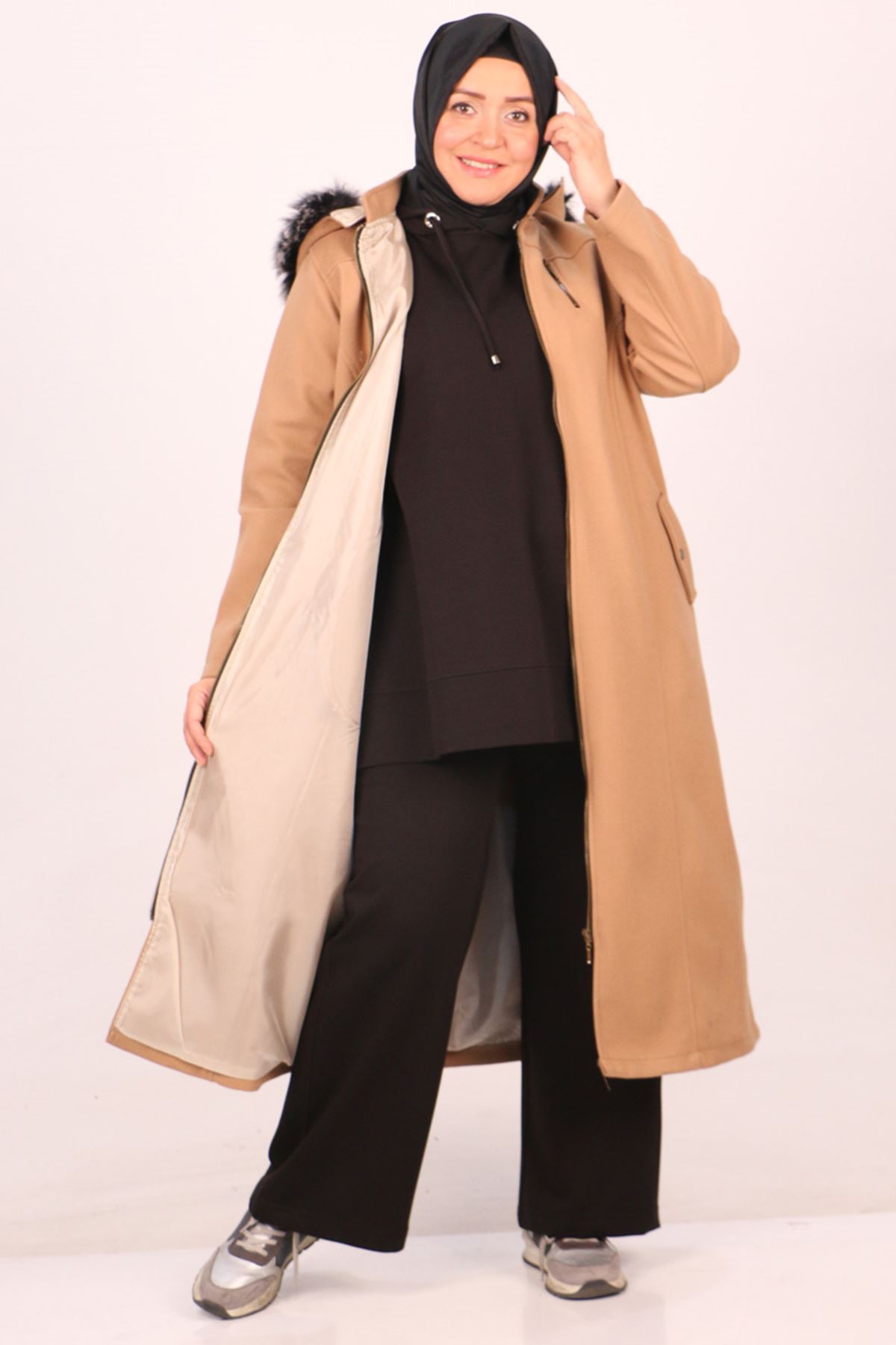 33078 Large Size Zippered Cashmere Coat-Mink
