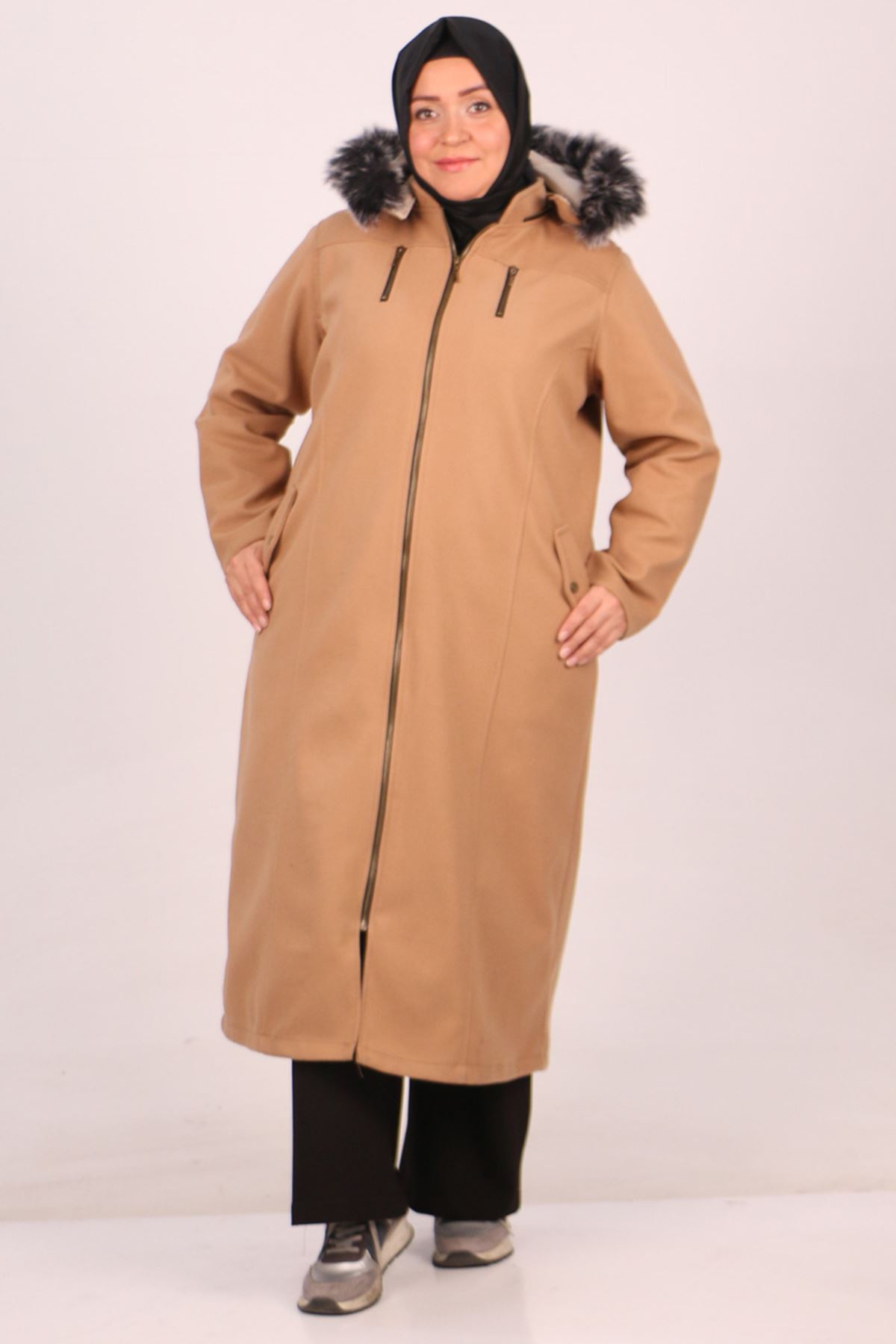 33078 Large Size Zippered Cashmere Coat-Mink
