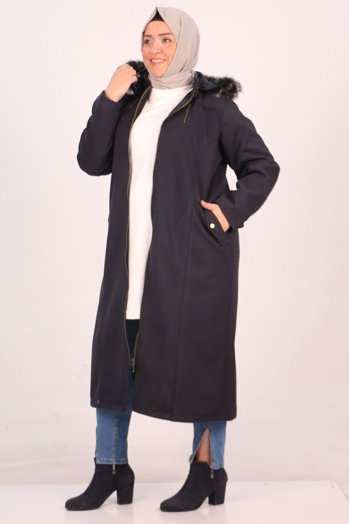 33078 Large Size Zippered Cashmere Coat-Navy Blue