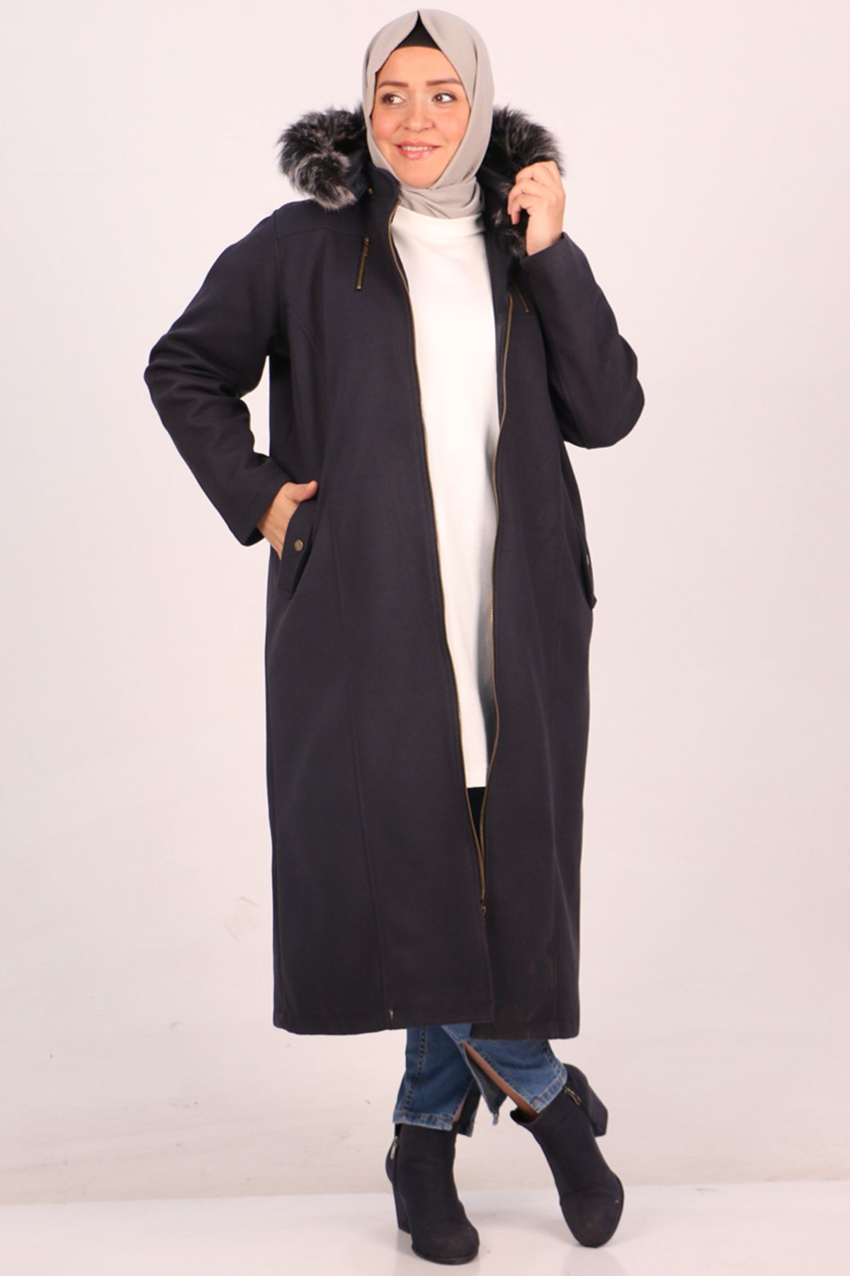 33078 Large Size Zippered Cashmere Coat-Navy Blue