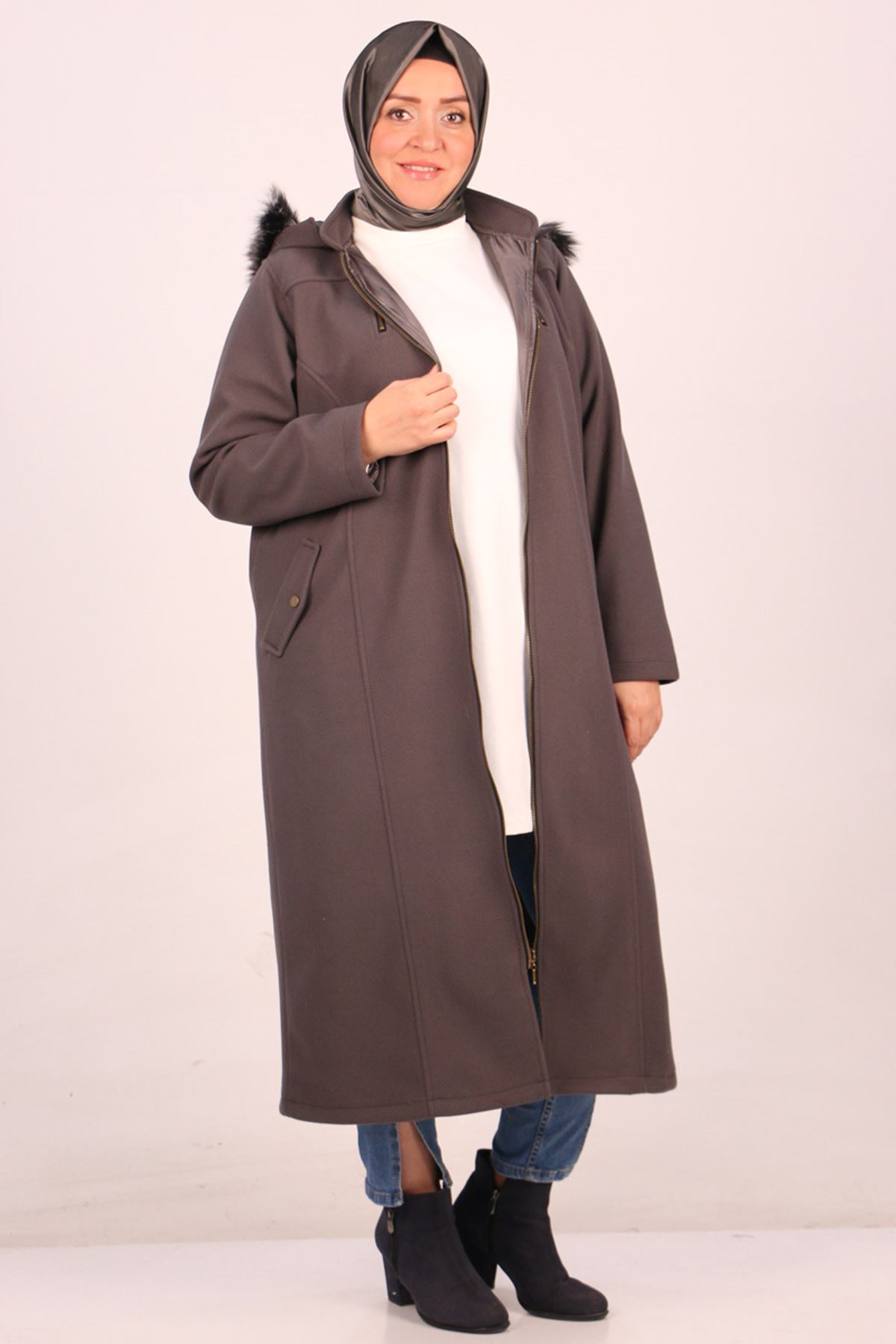 33078 Large Size Zippered Cashmere Coat-Anthracite