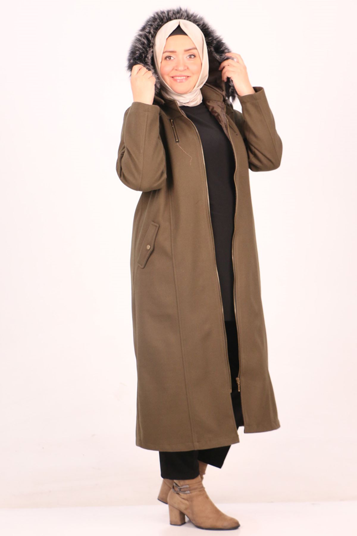 33078 Large Size Zippered Cashmere Coat-Khaki