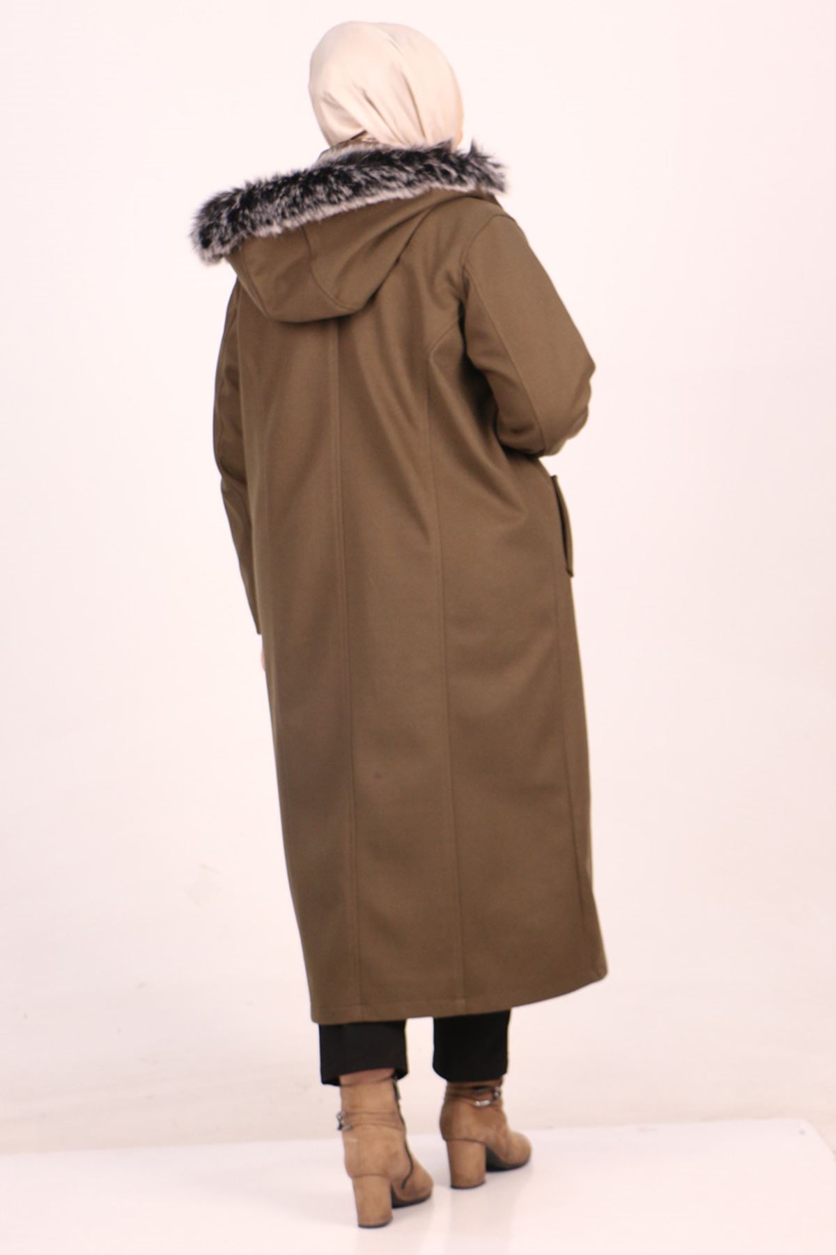 33078 Large Size Zippered Cashmere Coat-Khaki