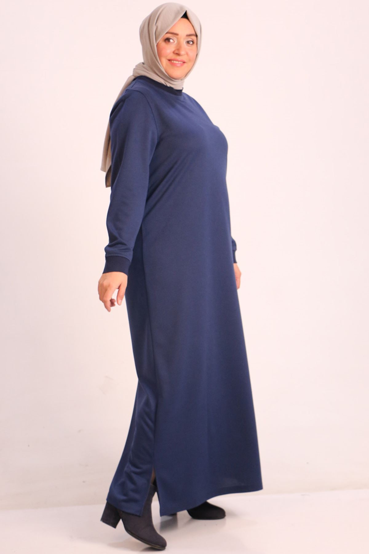 32050 Large Size Ribbed Two Thread Dress-Navy Blue