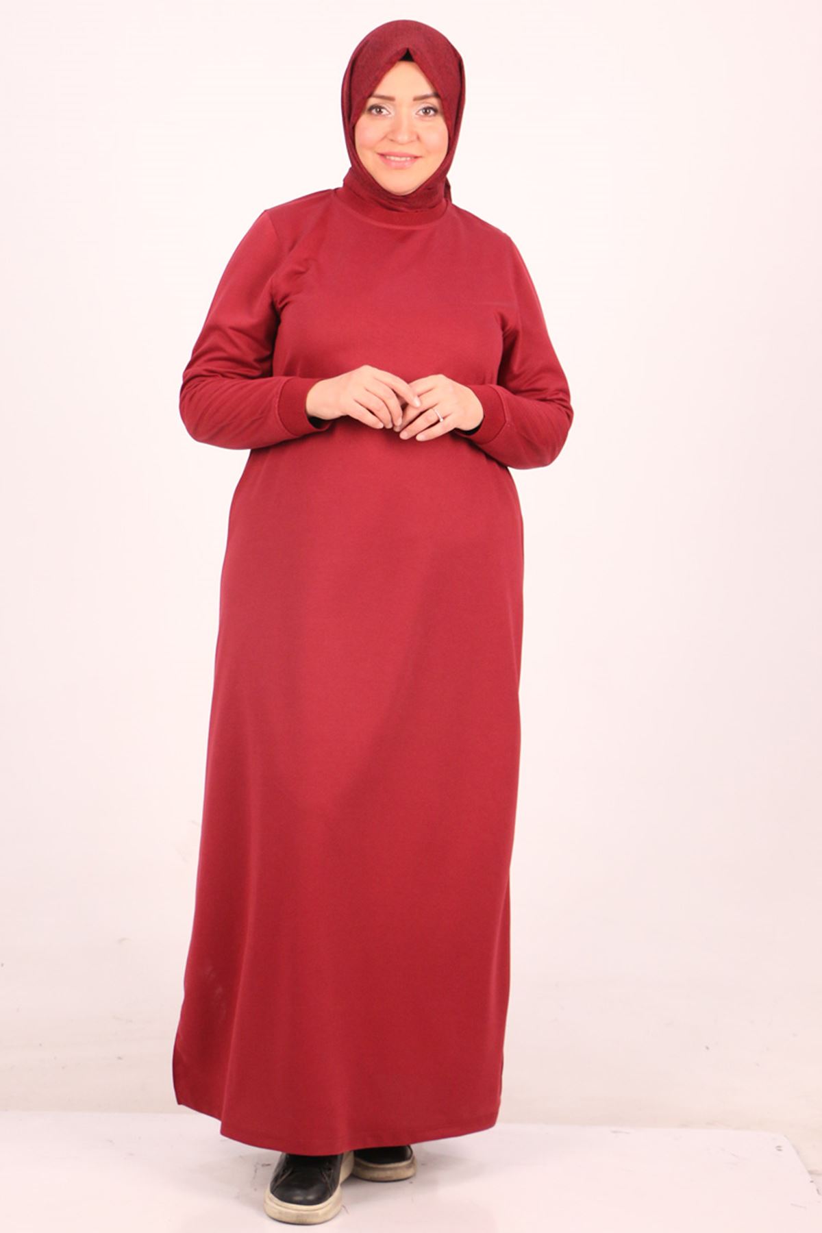 32050 Large Size Ribbed Two Thread Dress-Burgundy