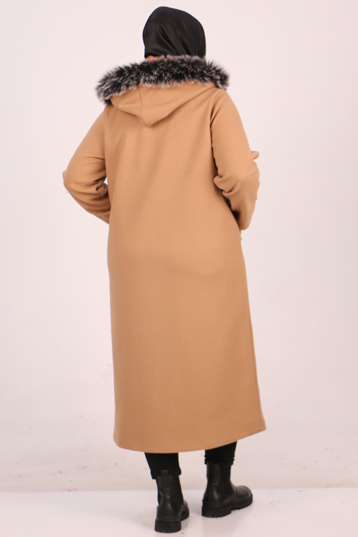 33070 Large Size Buttoned Removable Hooded Cashmere Coat-Mink