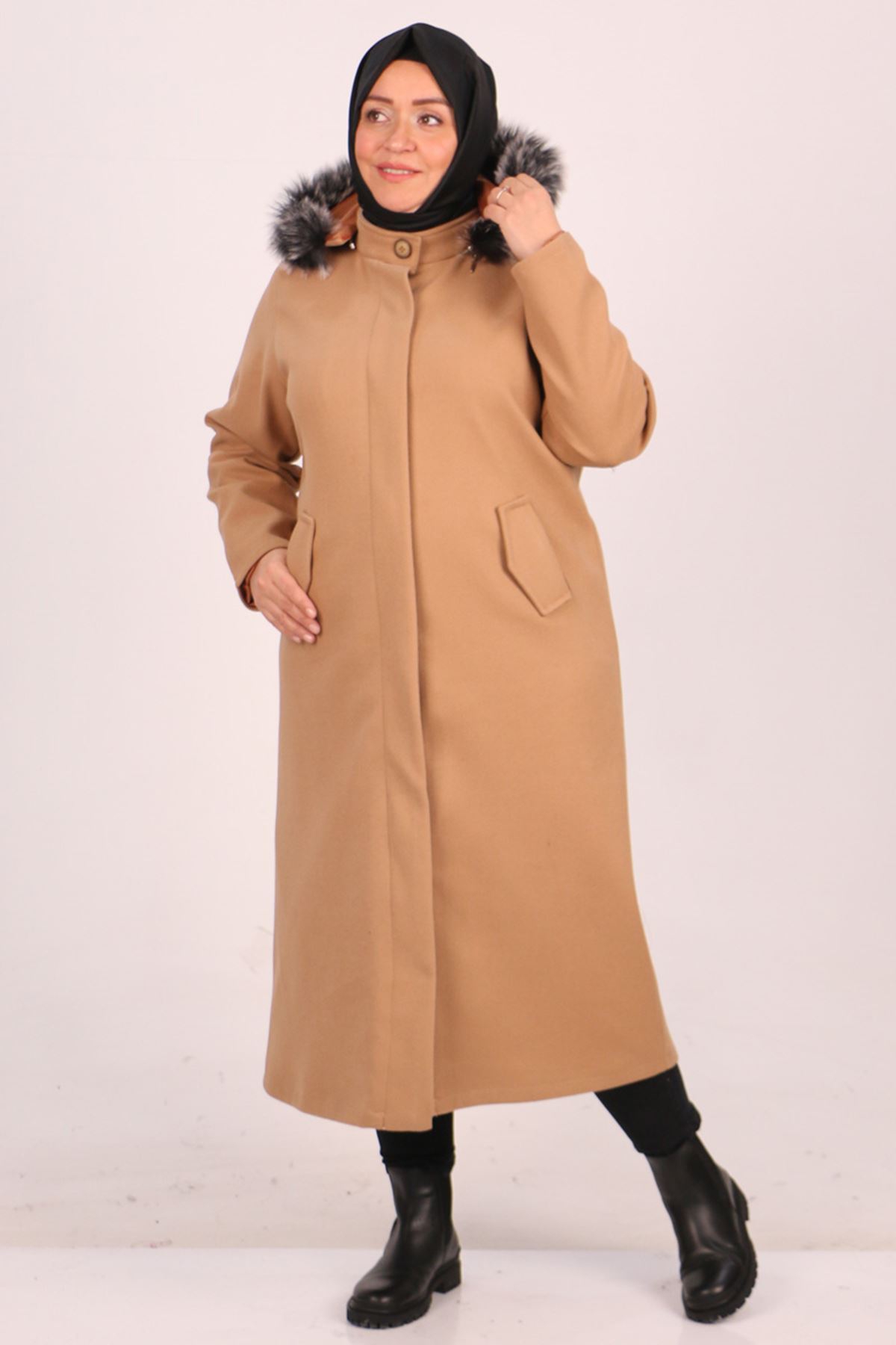 33070 Large Size Buttoned Removable Hooded Cashmere Coat-Mink
