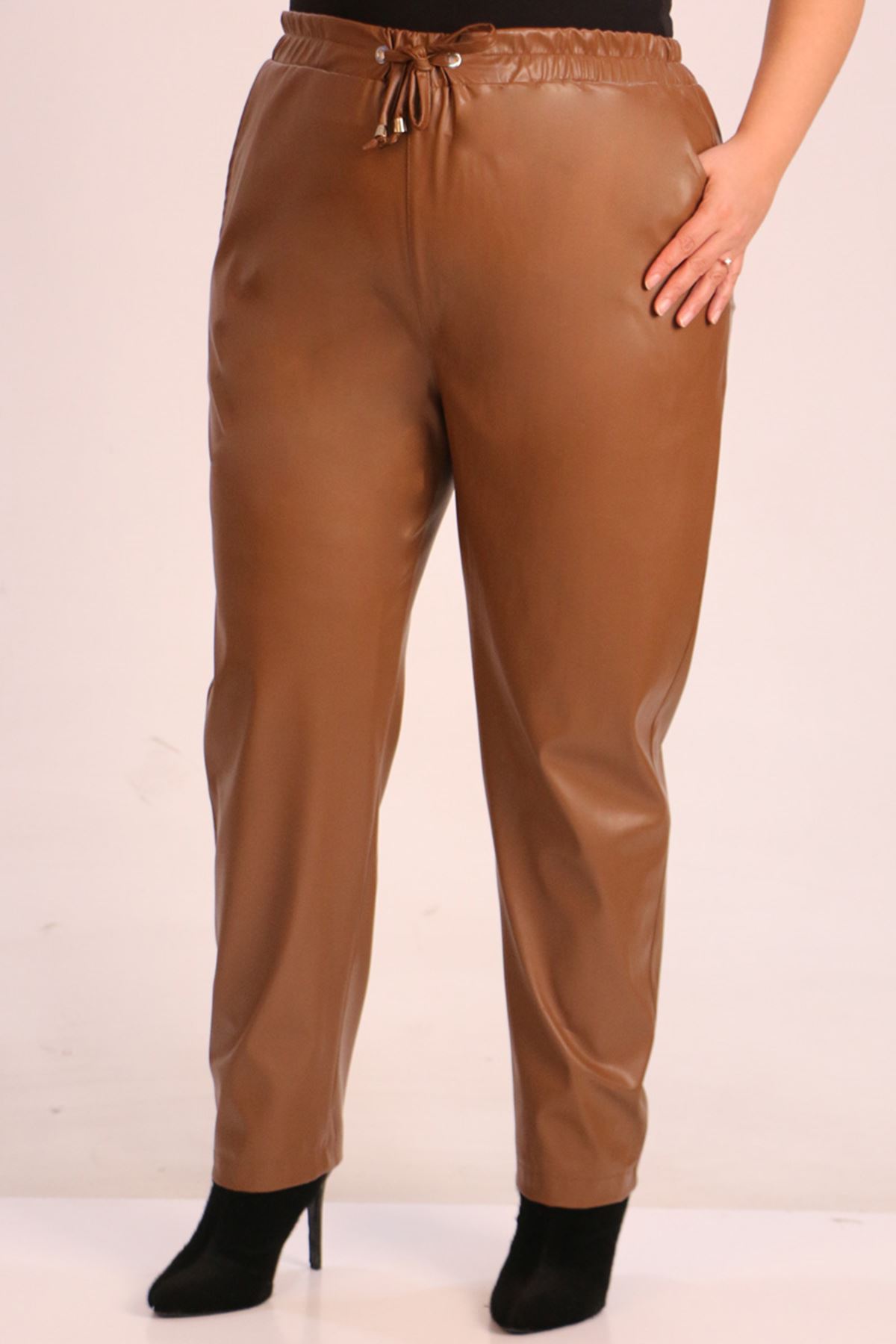 39039 Large Size Leather Trousers with Elastic Waist - Dark Mink