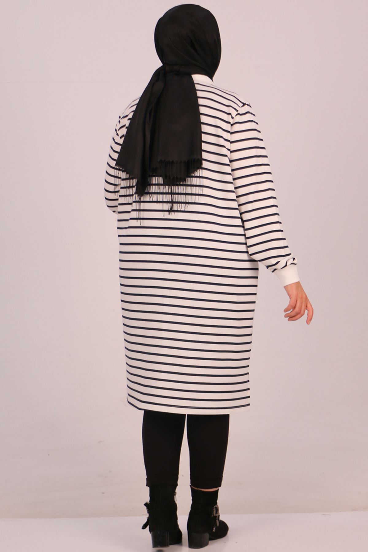 38175 Large Size Striped High Collar Two Thread Tunic-Navy Blue