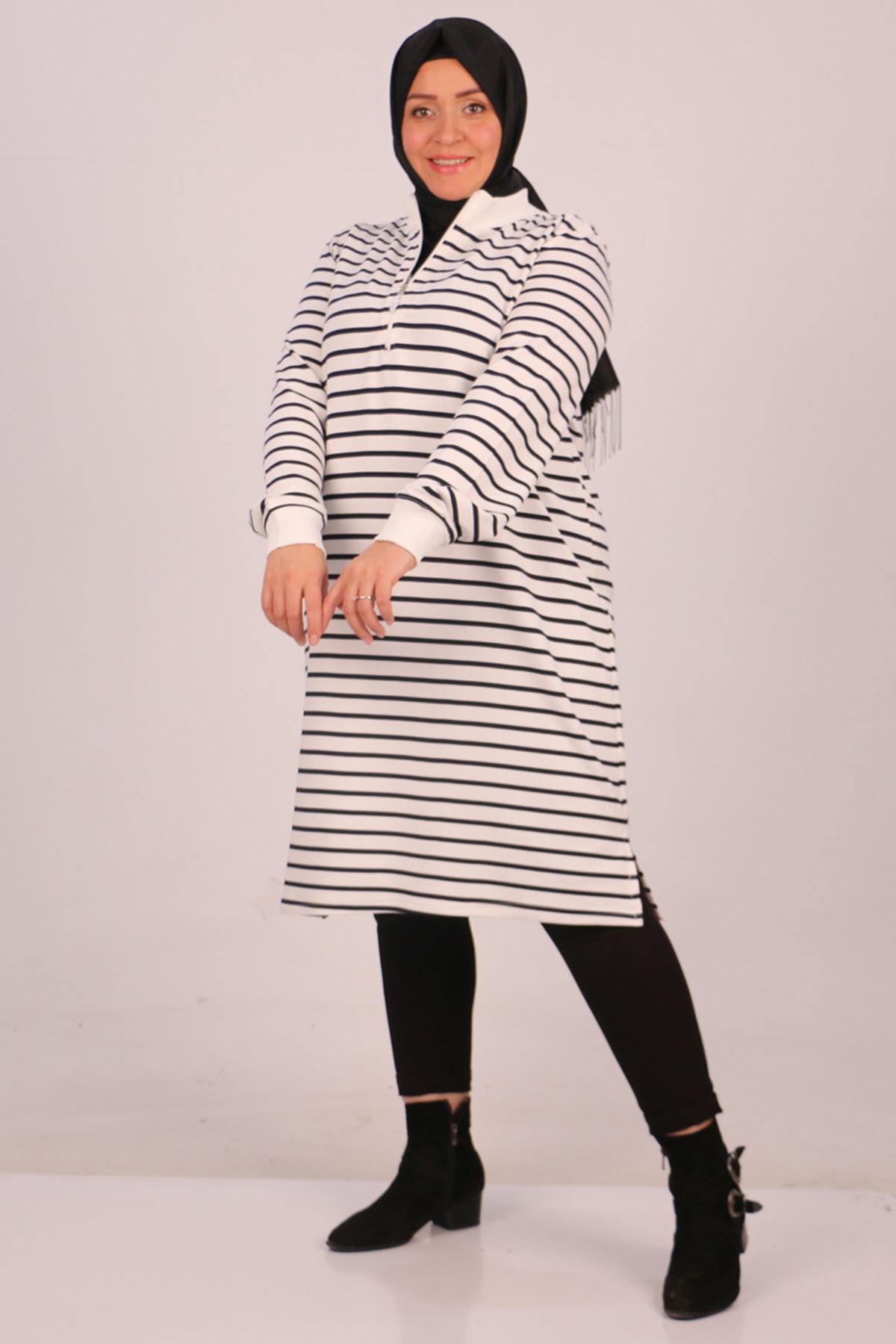 38175 Large Size Striped High Collar Two Thread Tunic-Navy Blue