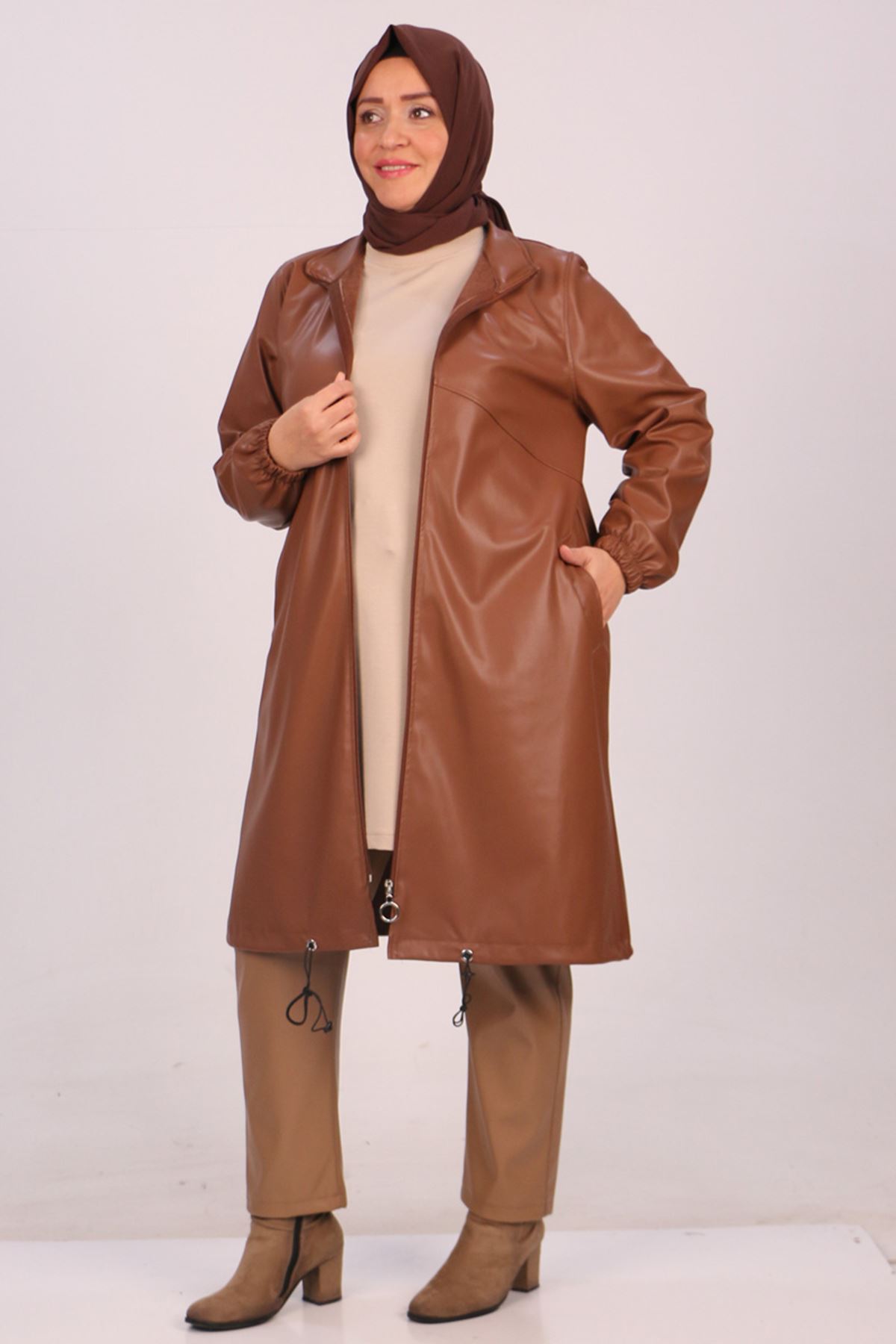 33086 Large Size Zippered Leather Jacket-Tan