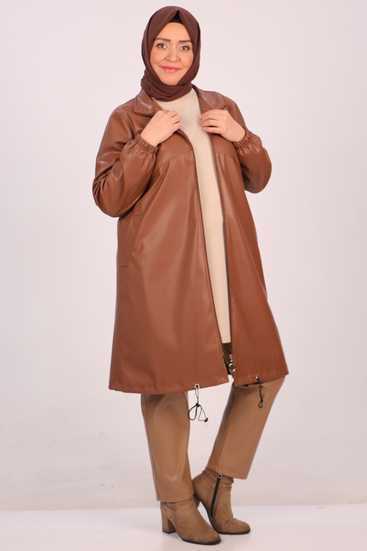 33086 Large Size Zippered Leather Jacket-Tan