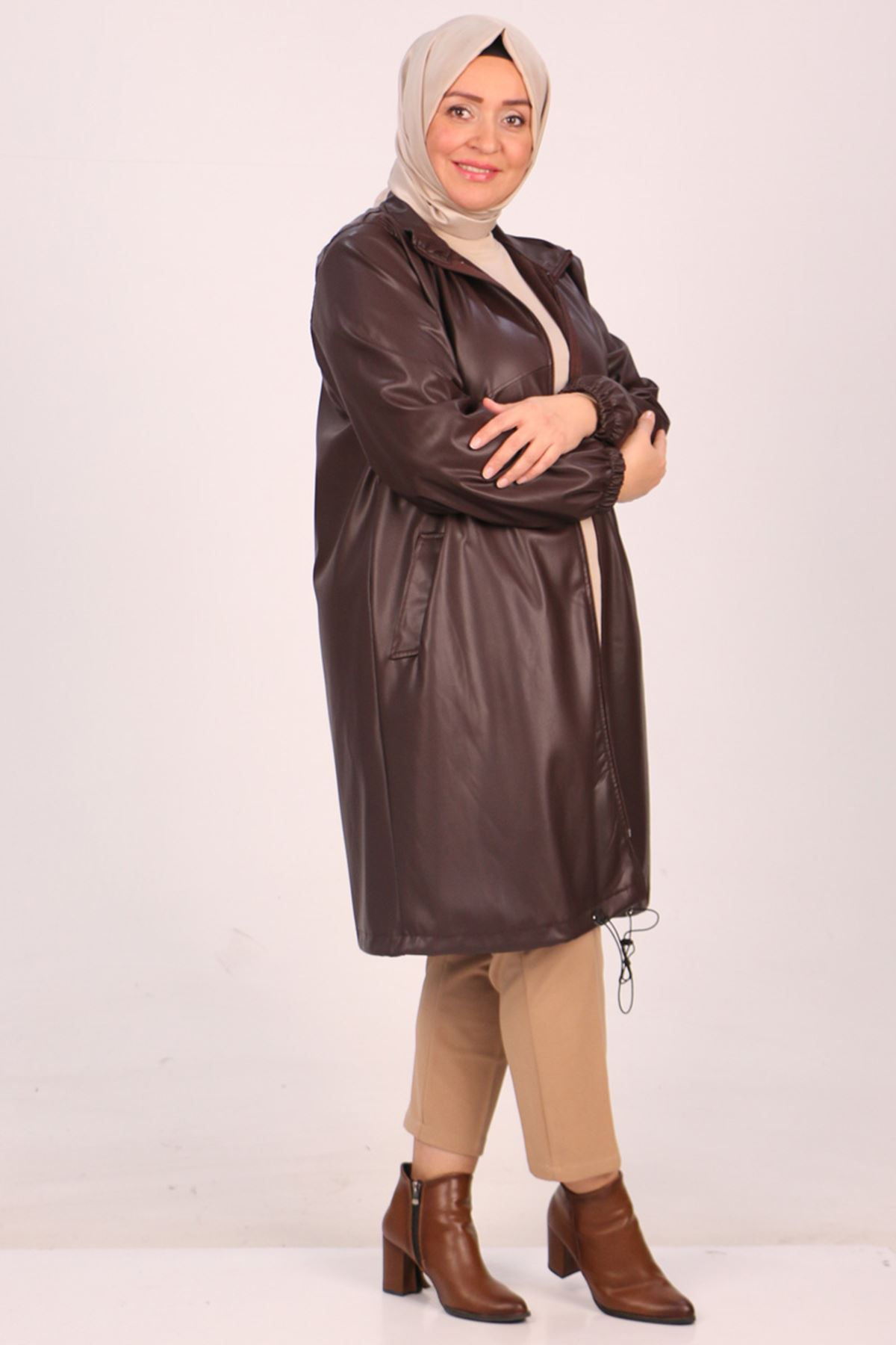33086 Large Size Zippered Leather Jacket-Brown