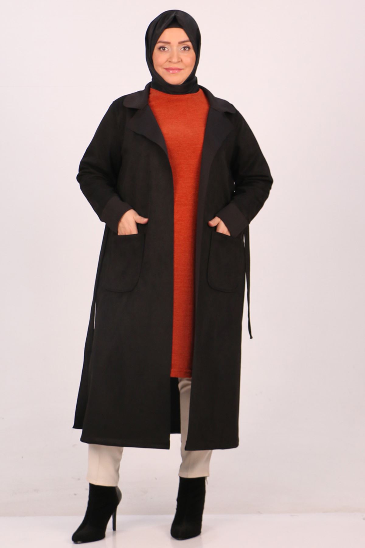33084 Large Size Nubuck Trench Coat with Pockets-Black
