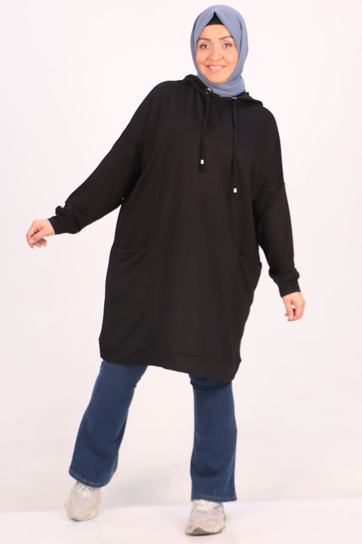 38171 Large Size Crystal Two Thread Hooded Tunic-Black
