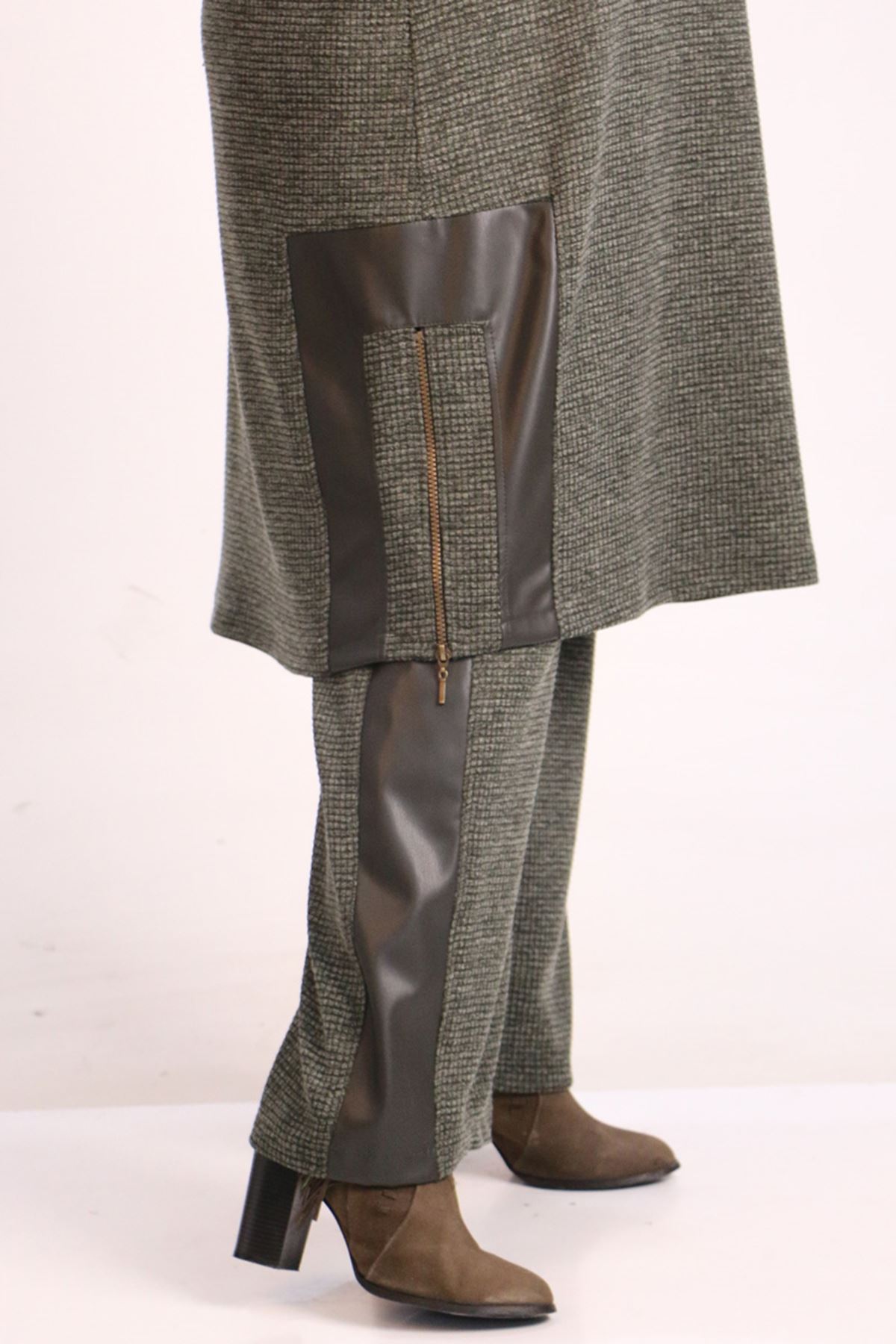37103 Large Size Honeycomb Textured Leather Detailed Knitwear Suit-Khaki