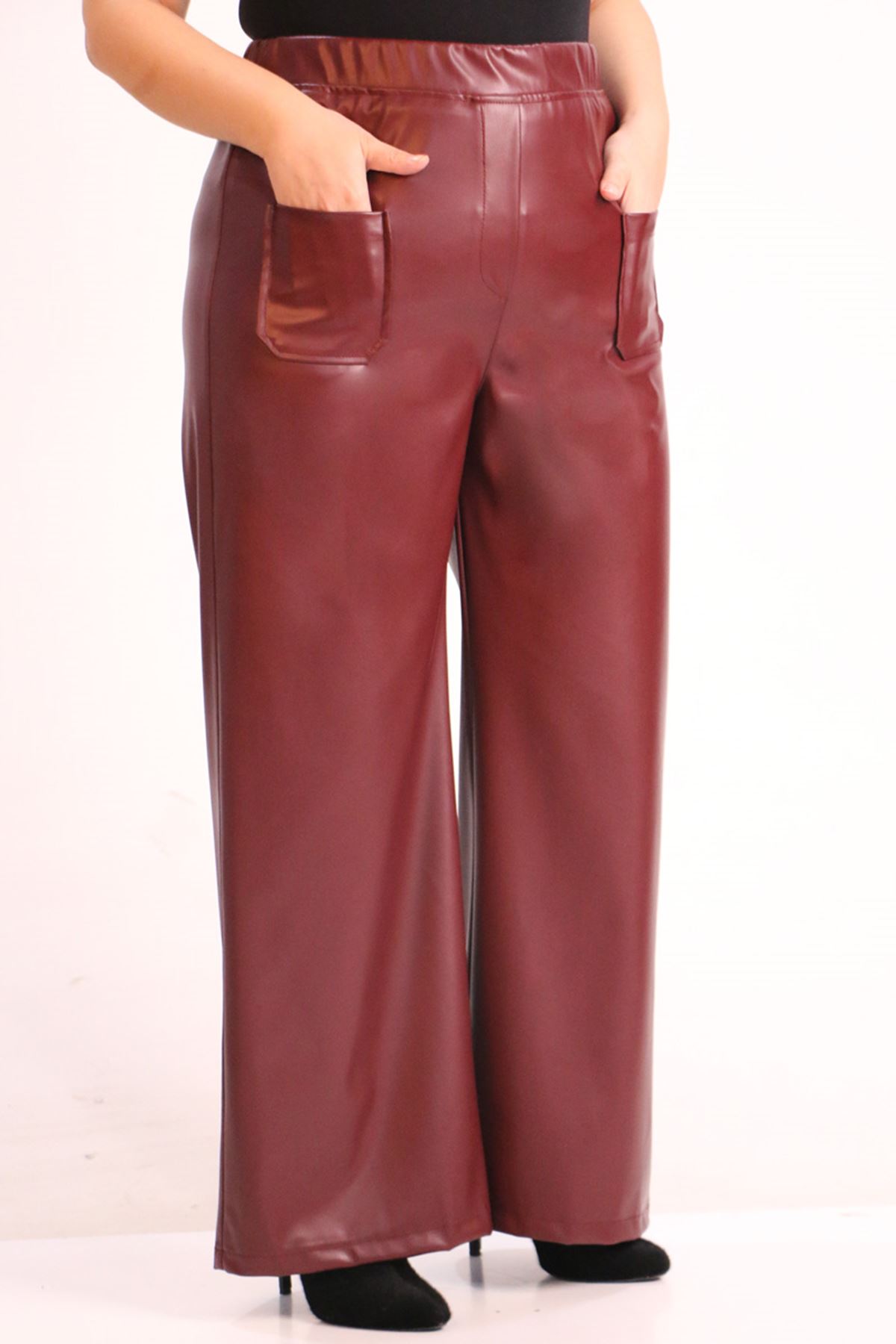 39050 Large Size Wide Leg Leather Trousers-Burgundy