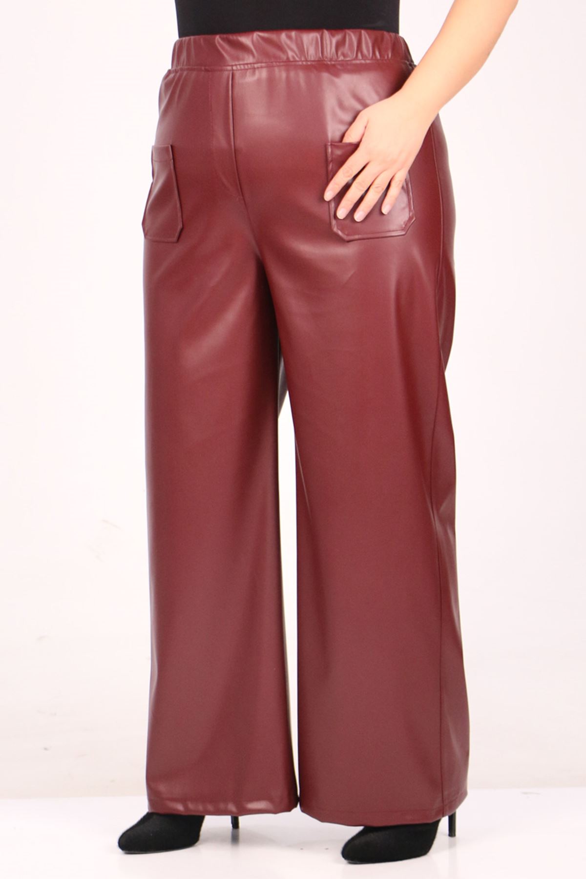 39050 Large Size Wide Leg Leather Trousers-Burgundy