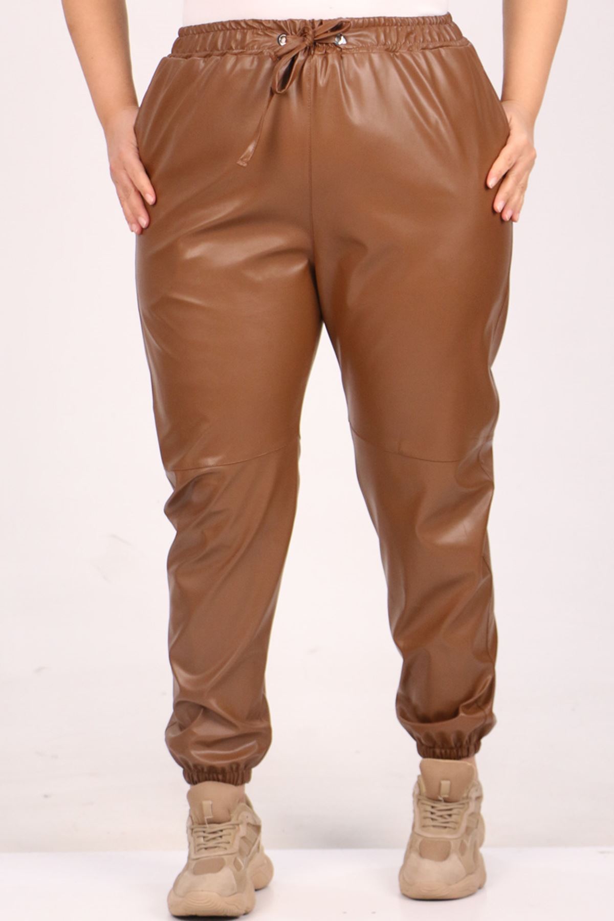 39051 Large Size Leather Trousers with Elastic Legs-Chocolate