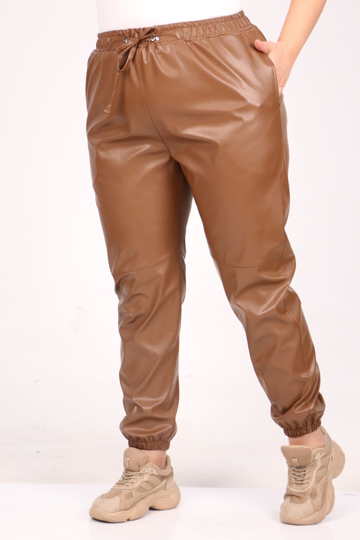 39051 Large Size Leather Trousers with Elastic Legs-Chocolate