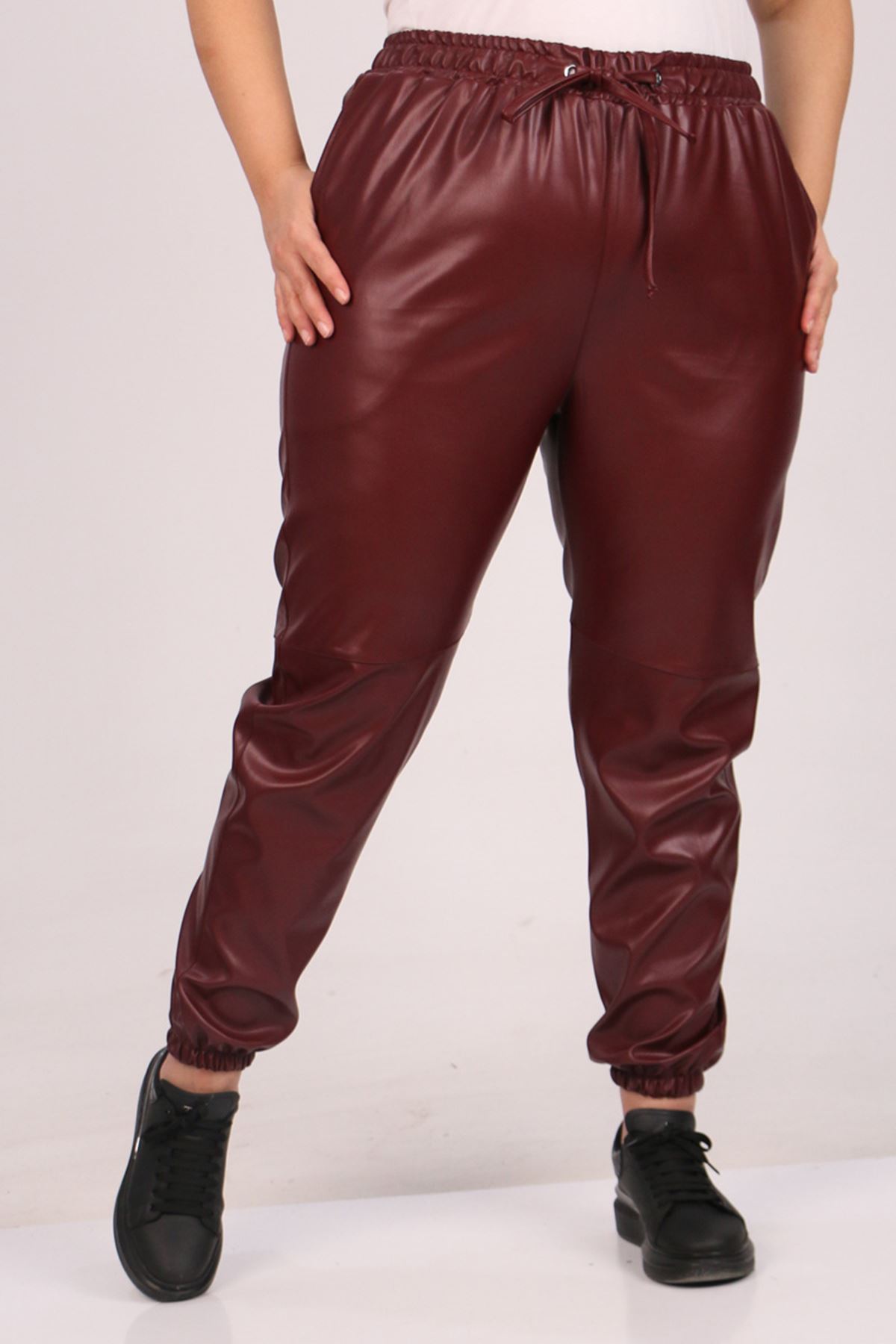 39051 Large Size Leather Trousers with Elastic Legs-Burgundy