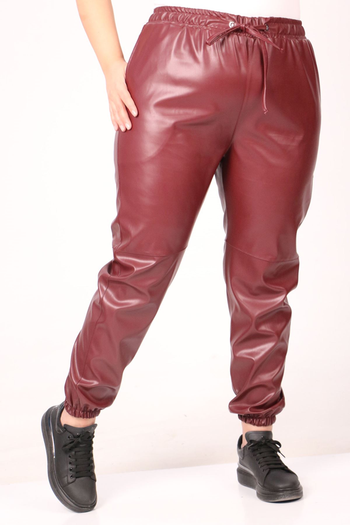 39051 Large Size Leather Trousers with Elastic Legs-Burgundy