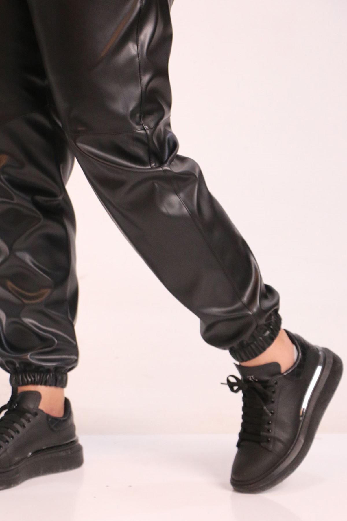 39051 Large Size Leather Trousers with Elastic Legs-Black