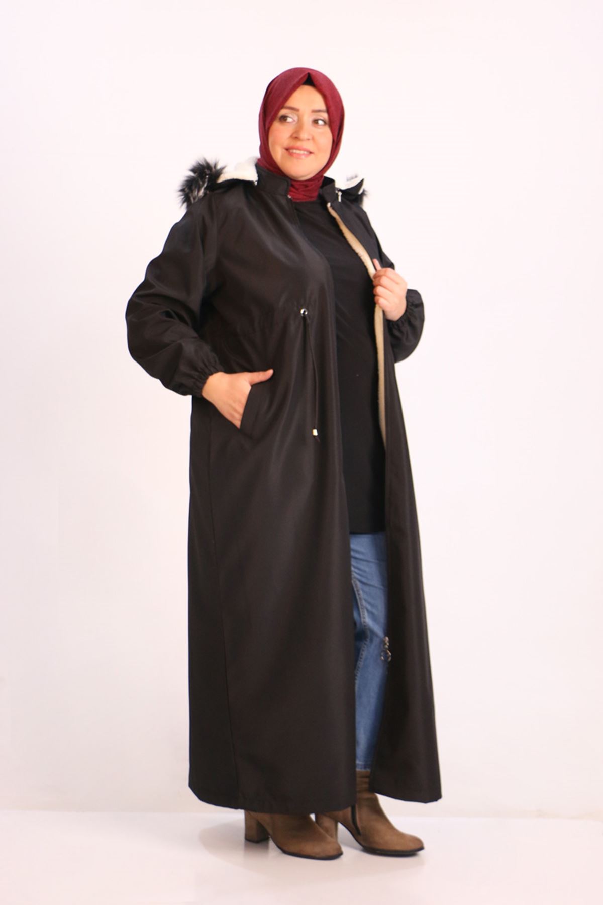 36011 Plus Size Bondit Abaya with Fur Inside-Black