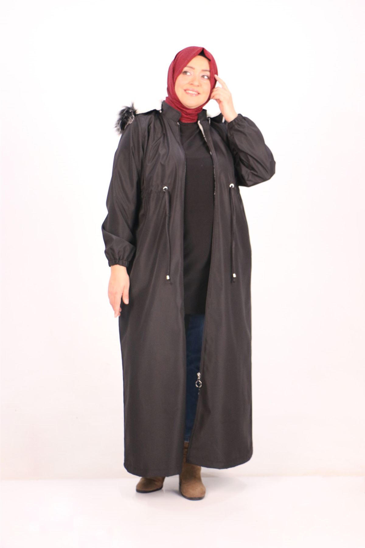36011 Plus Size Bondit Abaya with Fur Inside-Black