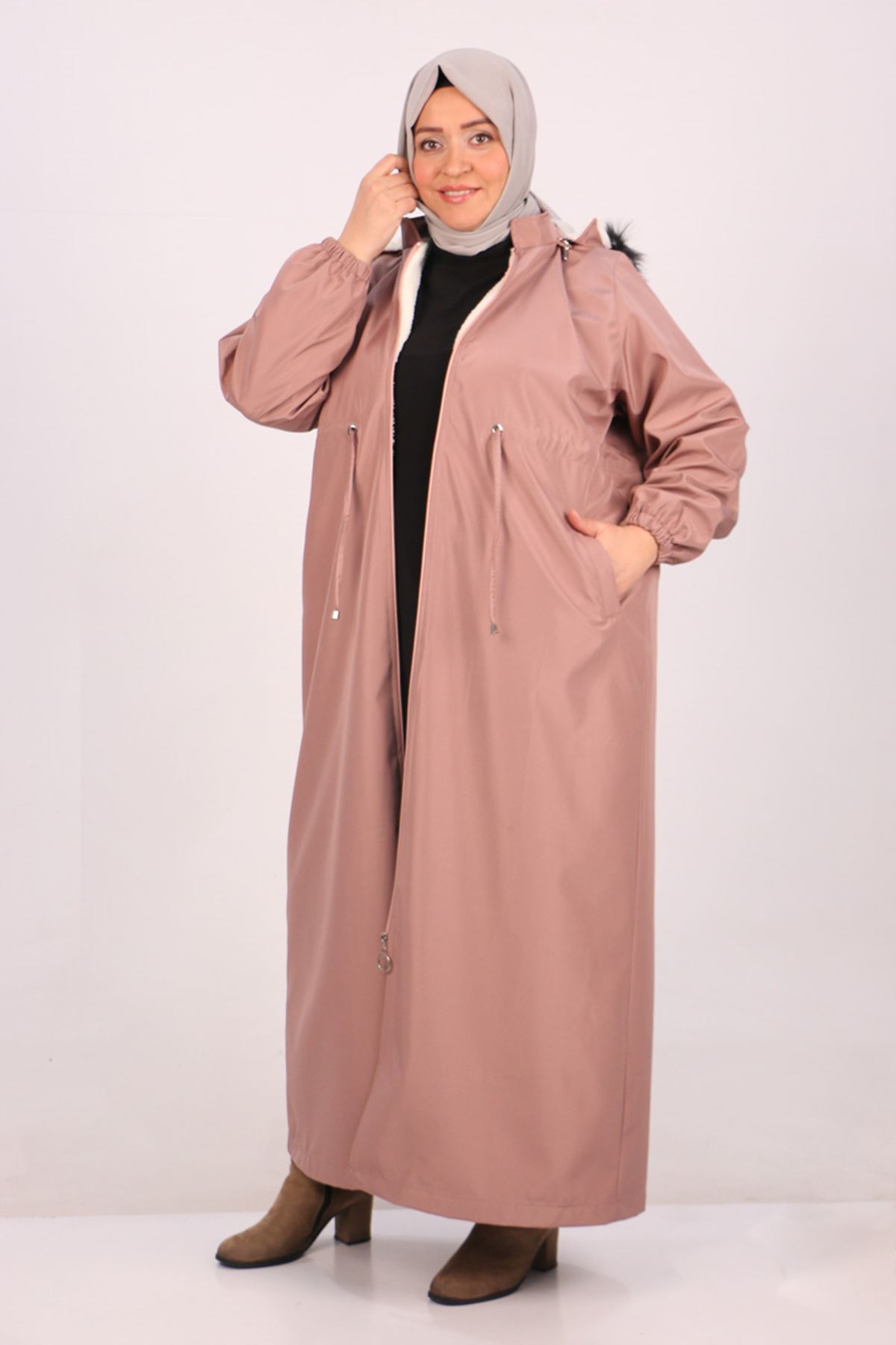 36011 Plus Size Bondit Abaya with Fur Inside-Powder