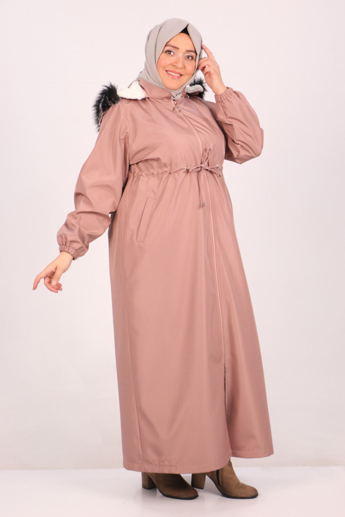 36011 Plus Size Bondit Abaya with Fur Inside-Powder