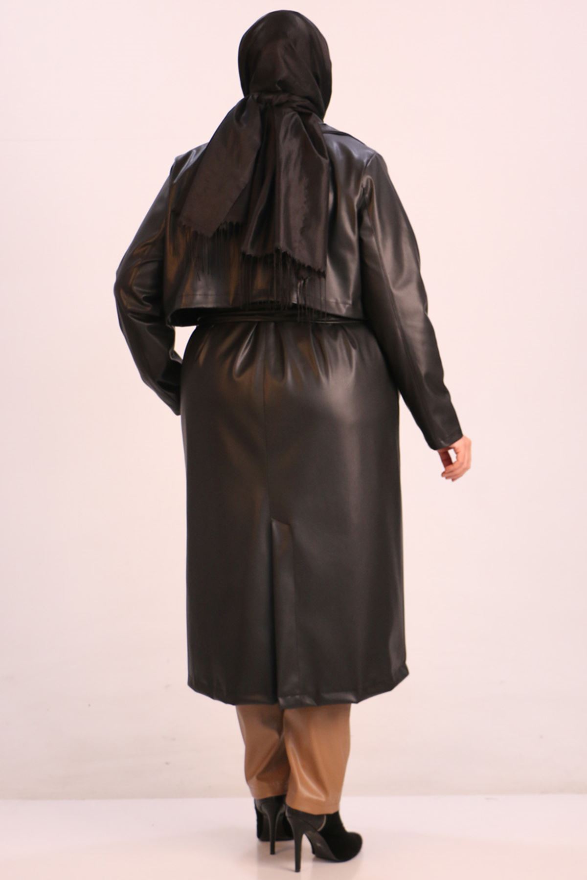 33109 Plus Size Raised Leather Blazer Trench Coat-Black