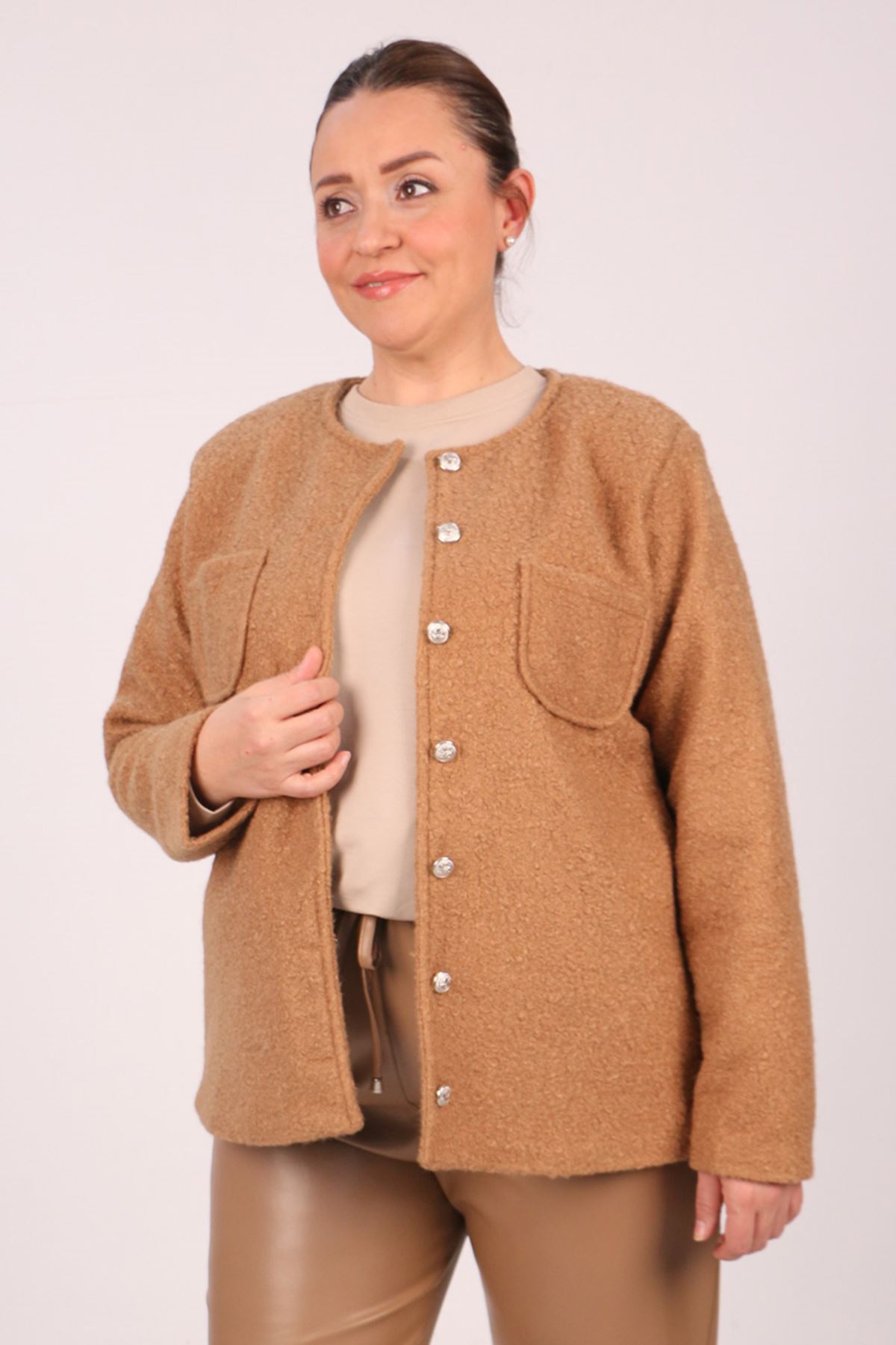 33110 Plus Size Curly Lamb Button Jacket-Tan