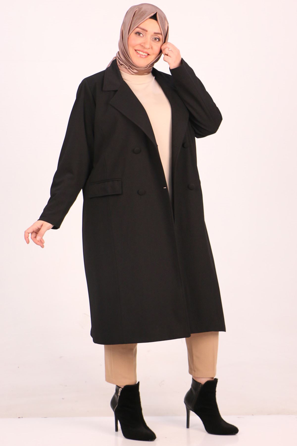 33082 Plus Size Scuba Crepe Lined Blazer Long Jacket-Black