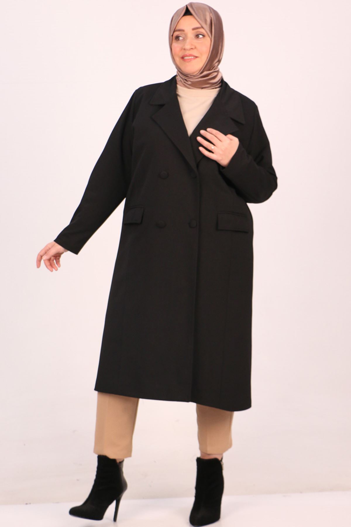 33082 Plus Size Scuba Crepe Lined Blazer Long Jacket-Black