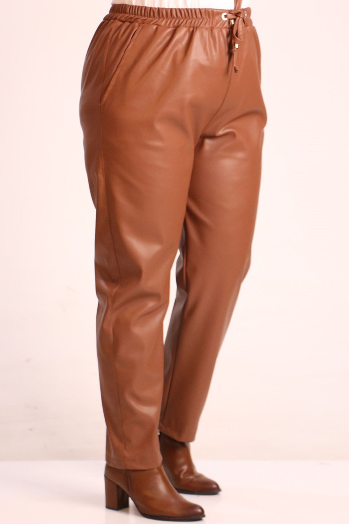 37045 Large Size Goose Feet Leather Combination Trousers Suit-Tan