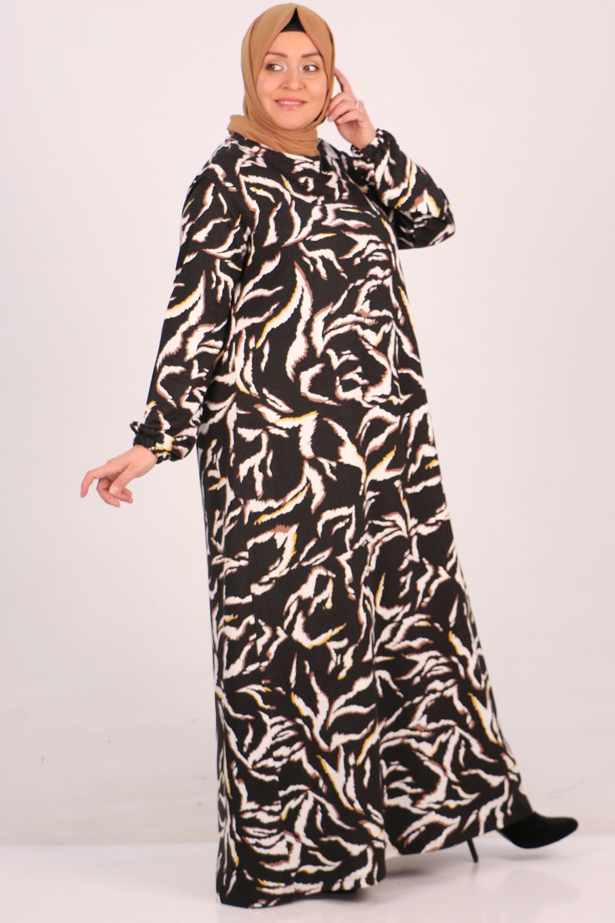 42006 Plus Size Crystal Dress with Elastic Sleeves-Black