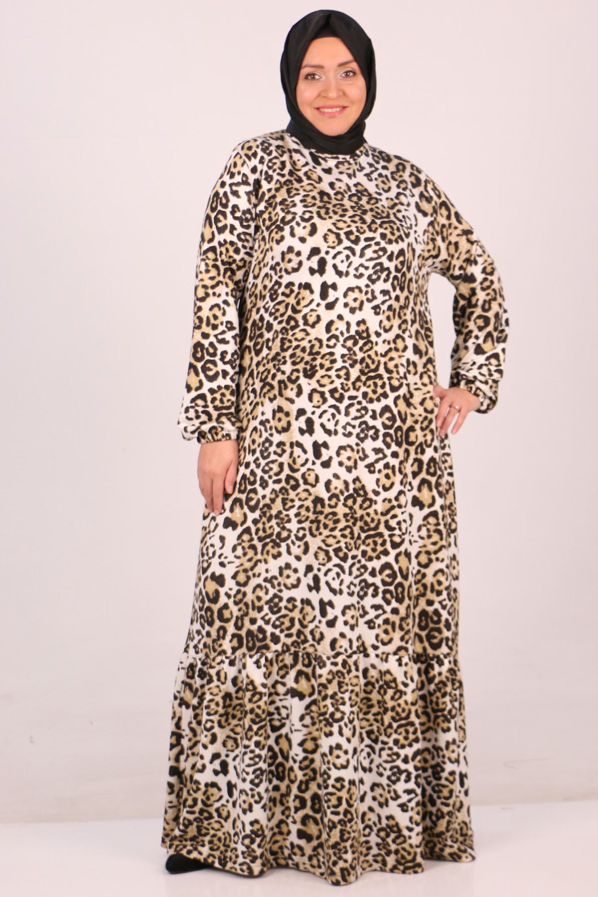 42007 Plus Size Crystal Dress with Frilly Skirt-Leopard