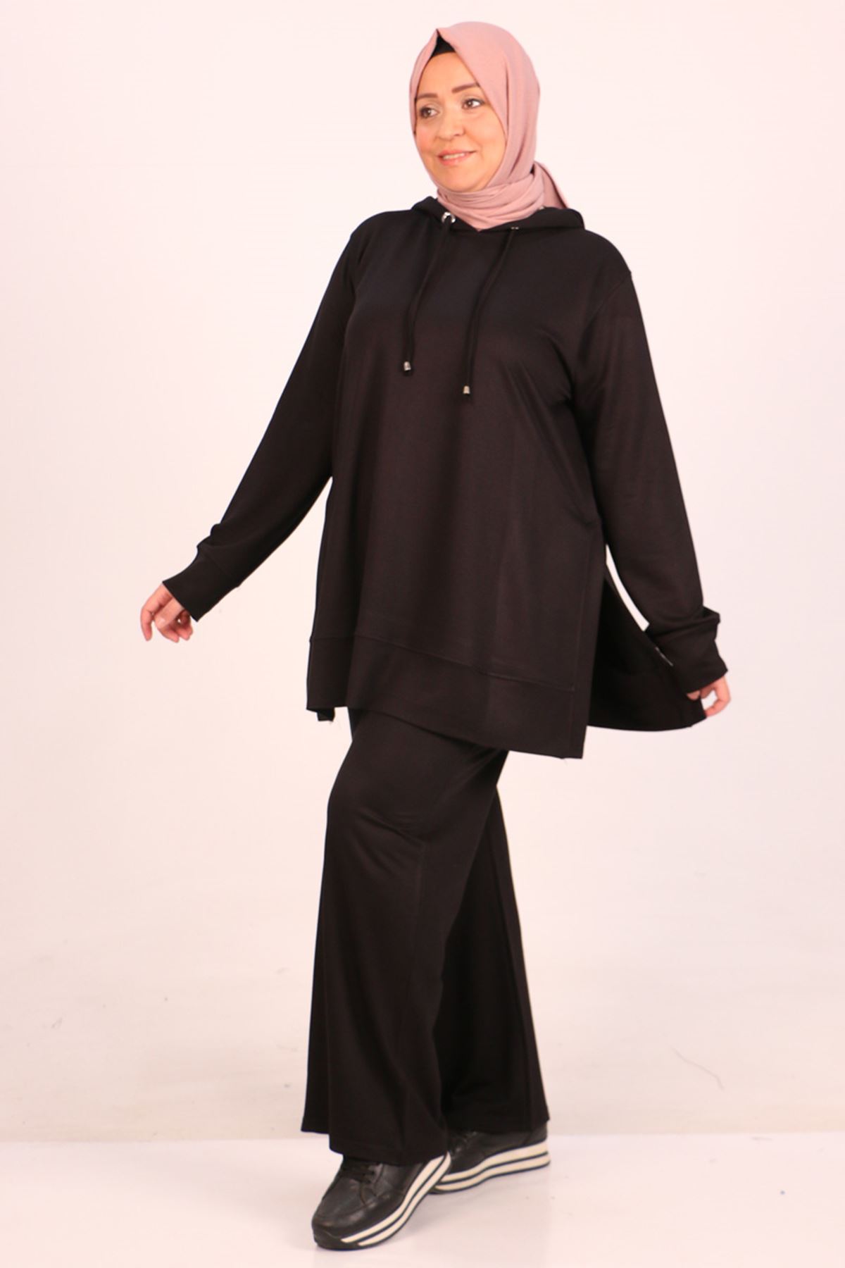 1989 Plus Size Hooded Two Thread Trousers Suit -Black