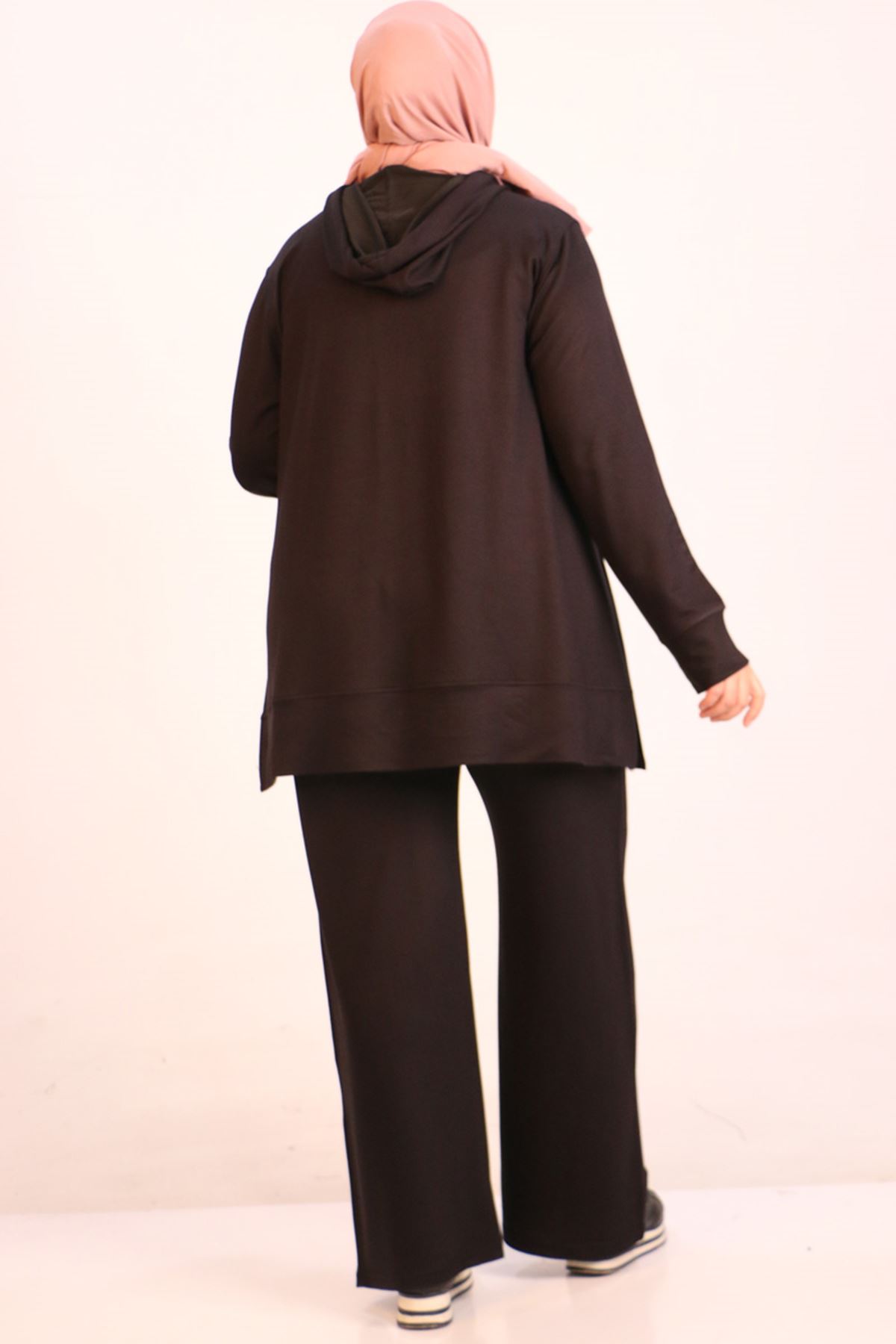 1989 Plus Size Hooded Two Thread Trousers Suit -Black