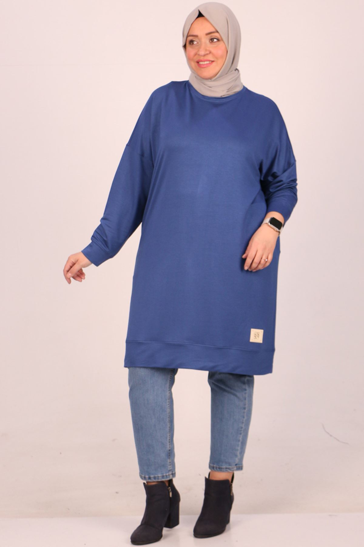 48010 Large Size Embroidered Crystal Two Thread Tunic-İndigo