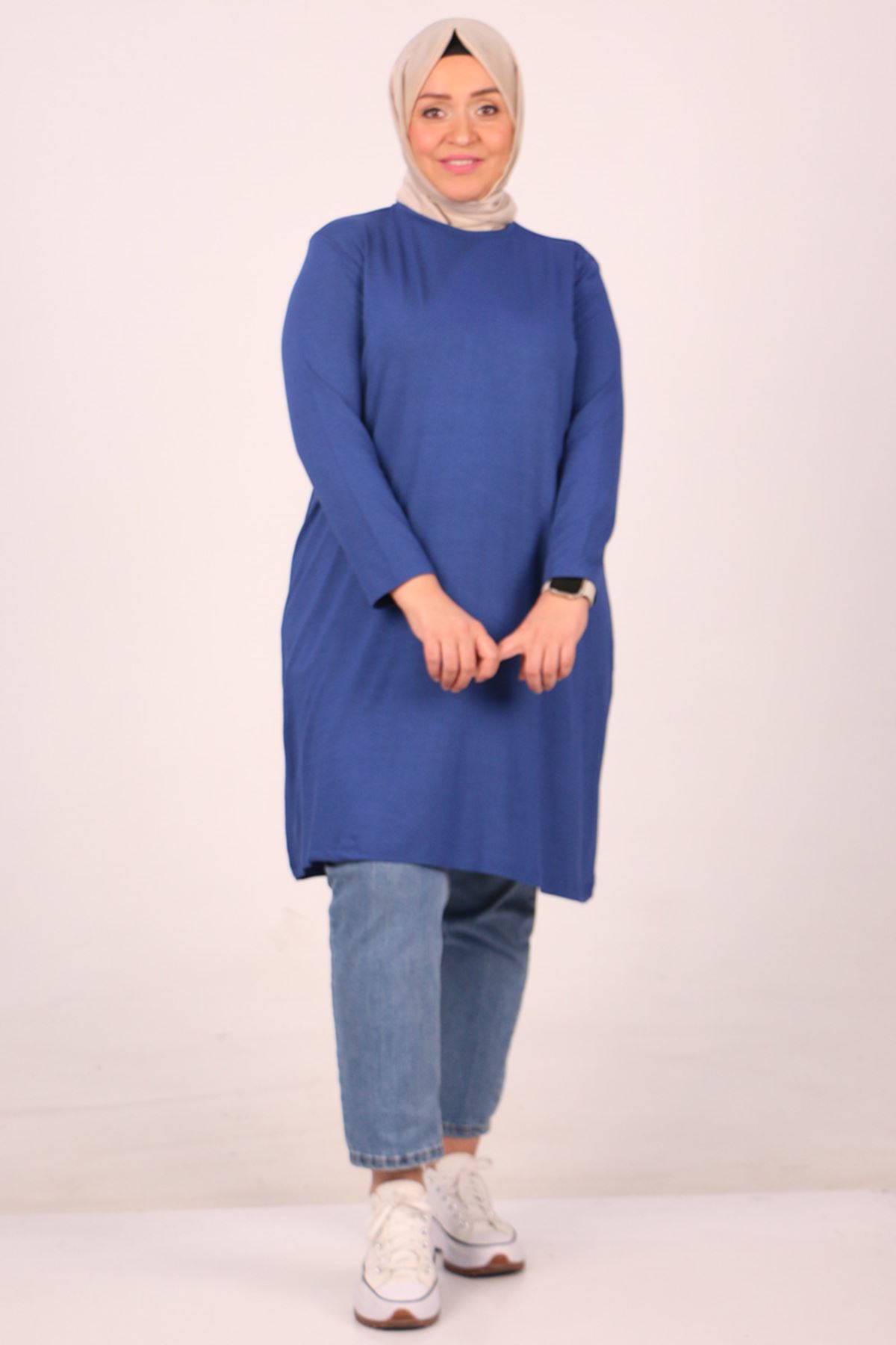 38501 Büyük Beden Basic Penye Tunik - İndigo