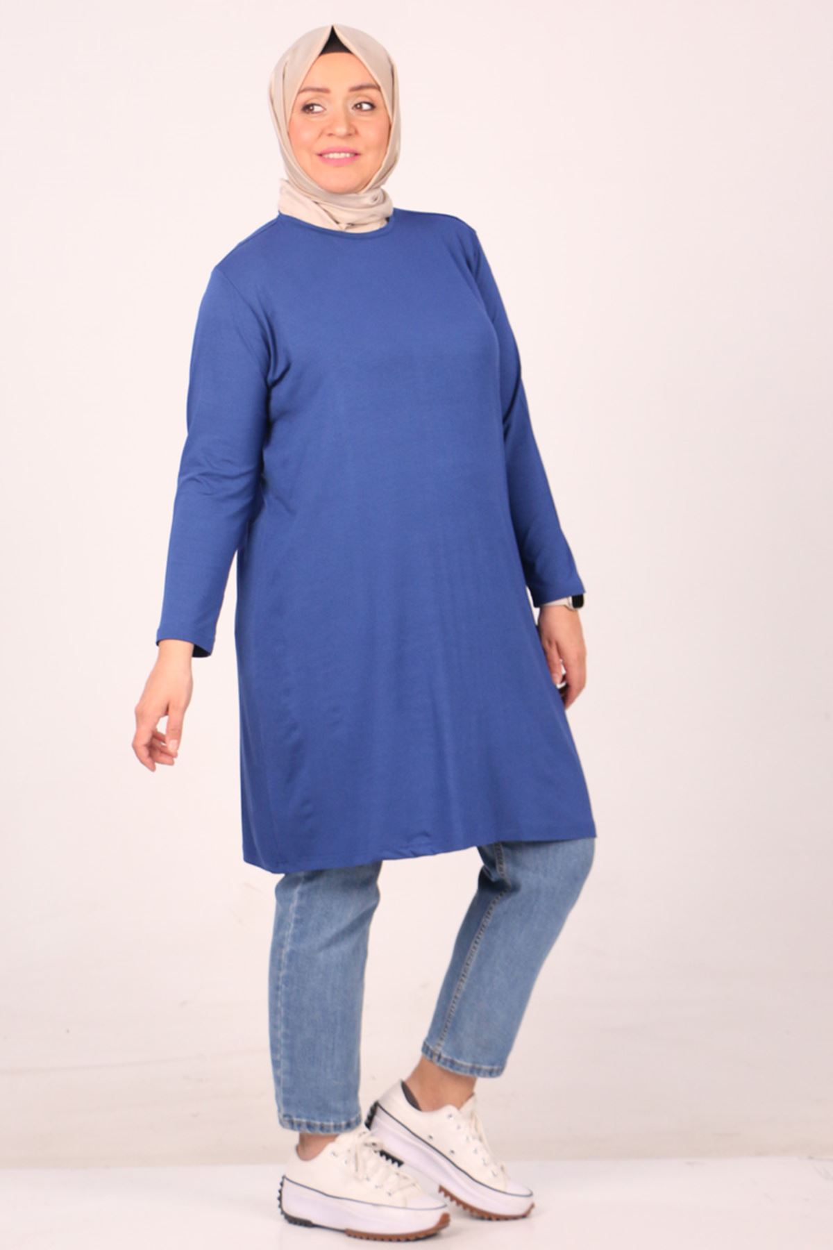 38501 Büyük Beden Basic Penye Tunik - İndigo