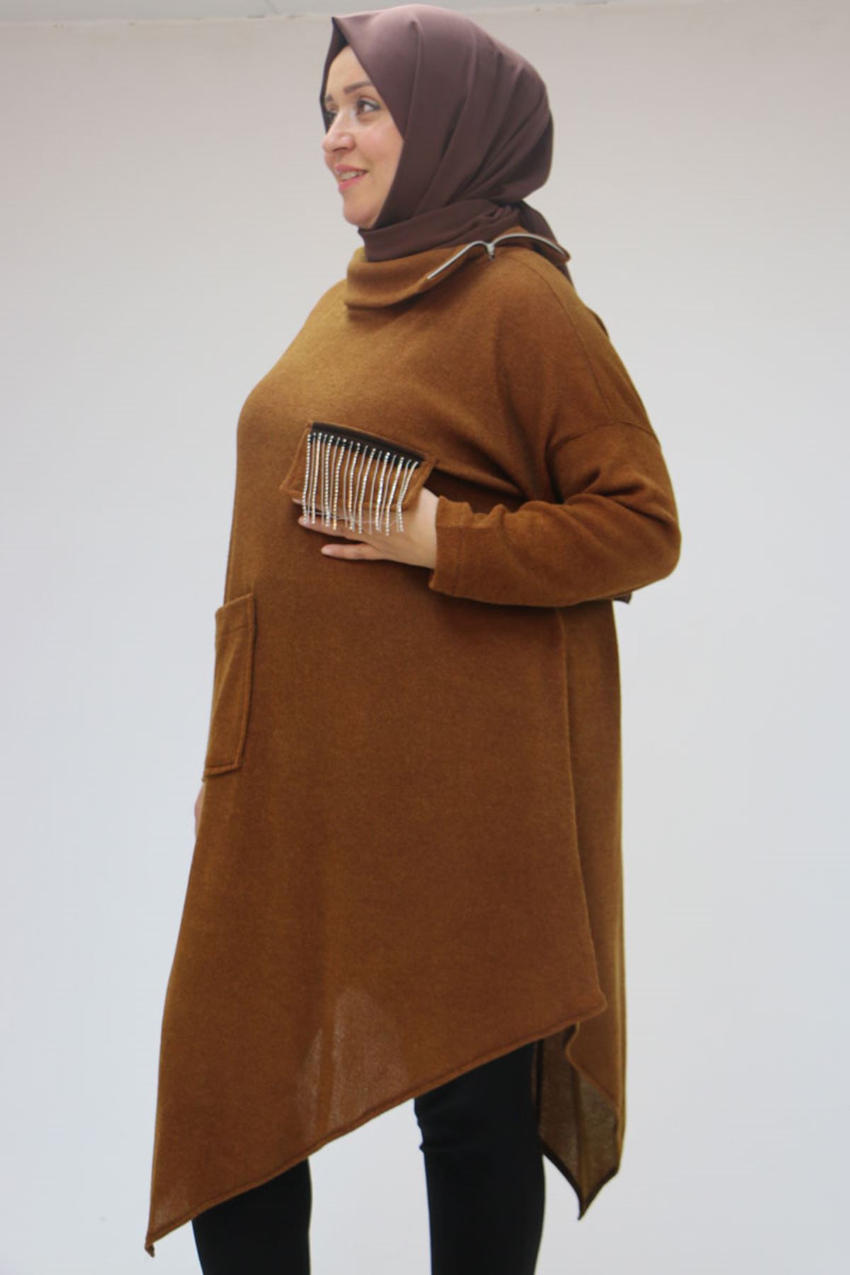 48095 Büyük Beden Yakası Fermuar Detaylı Mir Tunik - Taba