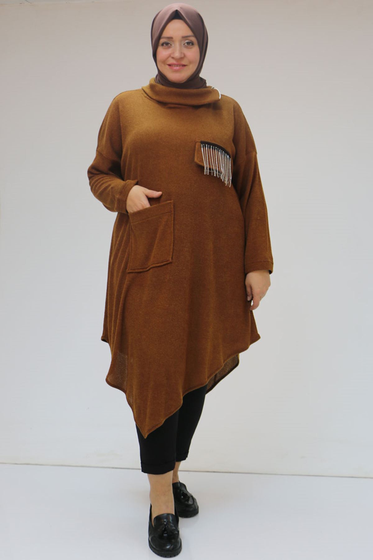 48095 Büyük Beden Yakası Fermuar Detaylı Mir Tunik - Taba